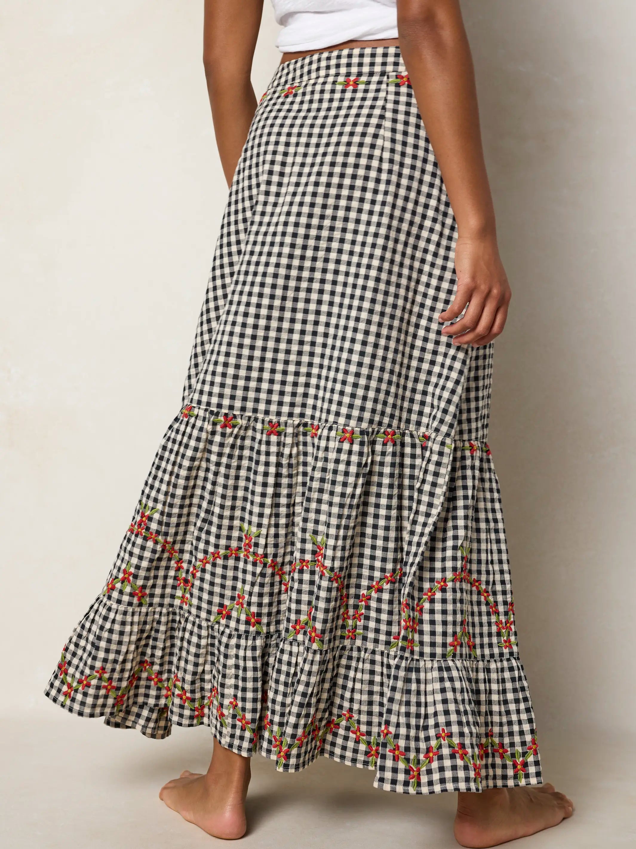 Free Fallin' Embroidered Cotton Maxi Skirt - Black Gingham