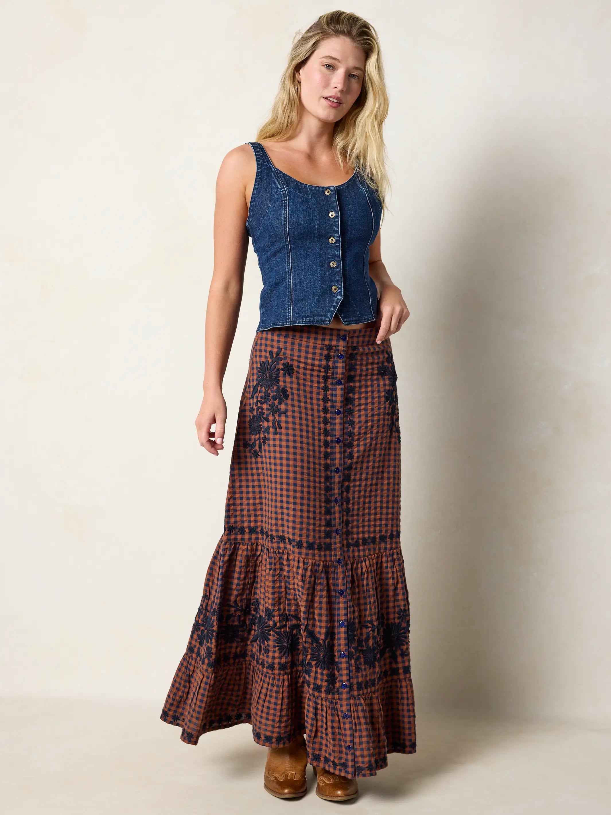 Free Fallin' Embroidered Cotton Maxi Skirt - Rust Gingham