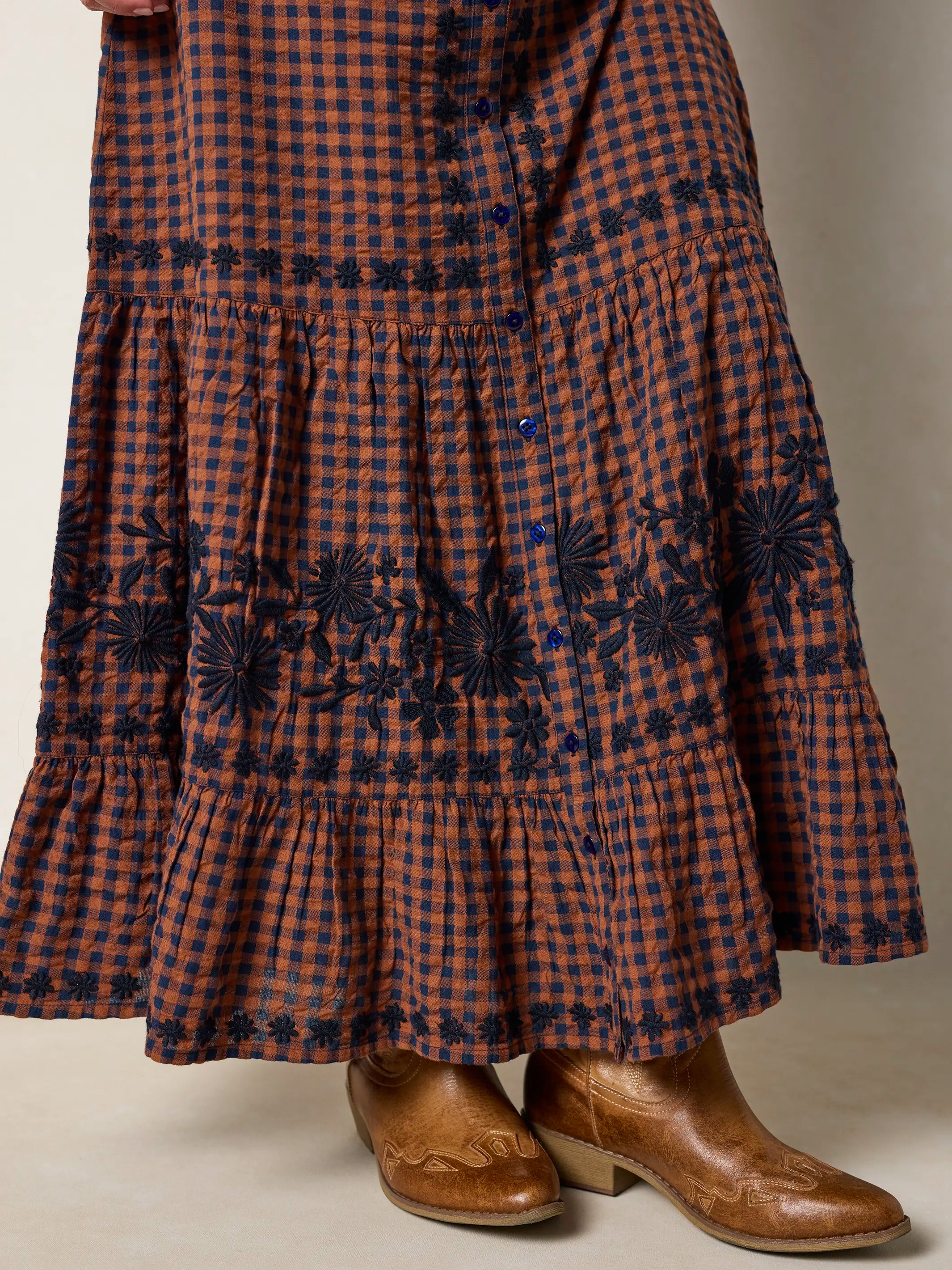 Free Fallin' Embroidered Cotton Maxi Skirt - Rust Gingham