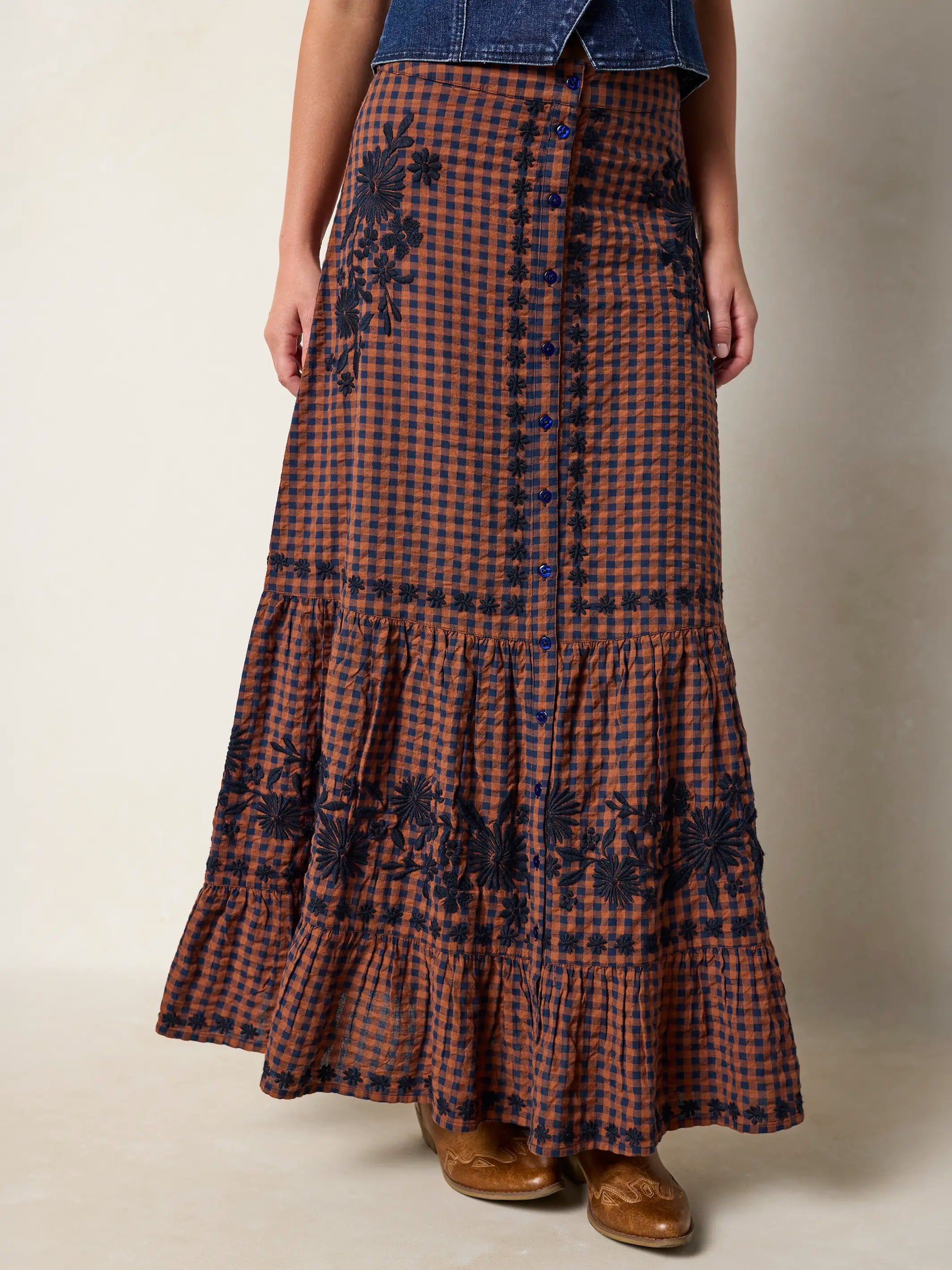 Free Fallin' Embroidered Cotton Maxi Skirt - Rust Gingham