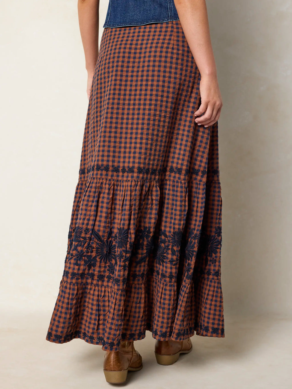Free Fallin' Embroidered Cotton Maxi Skirt - Rust Gingham