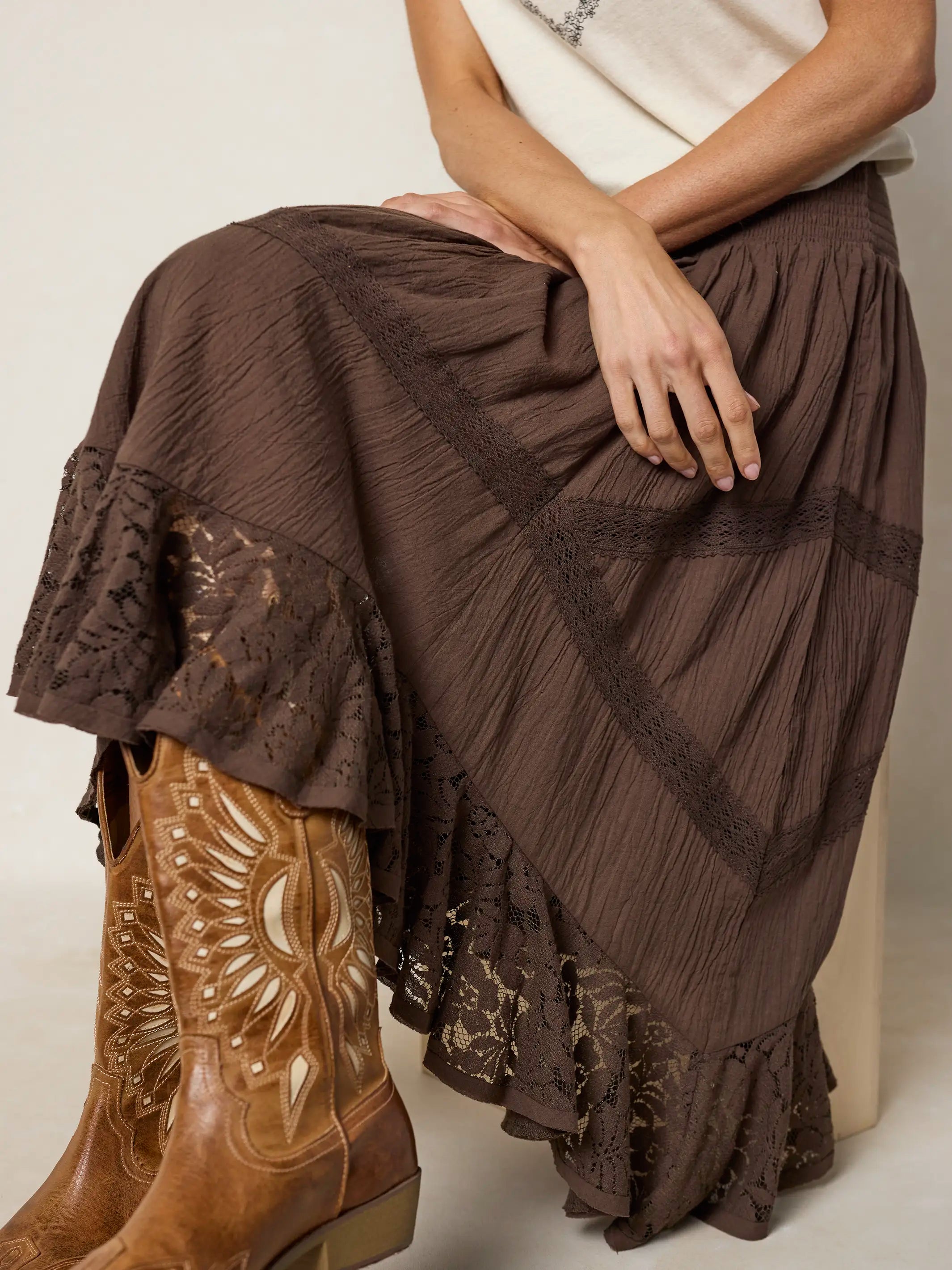 Pretty In Lace Cotton Midi Skirt - Brown