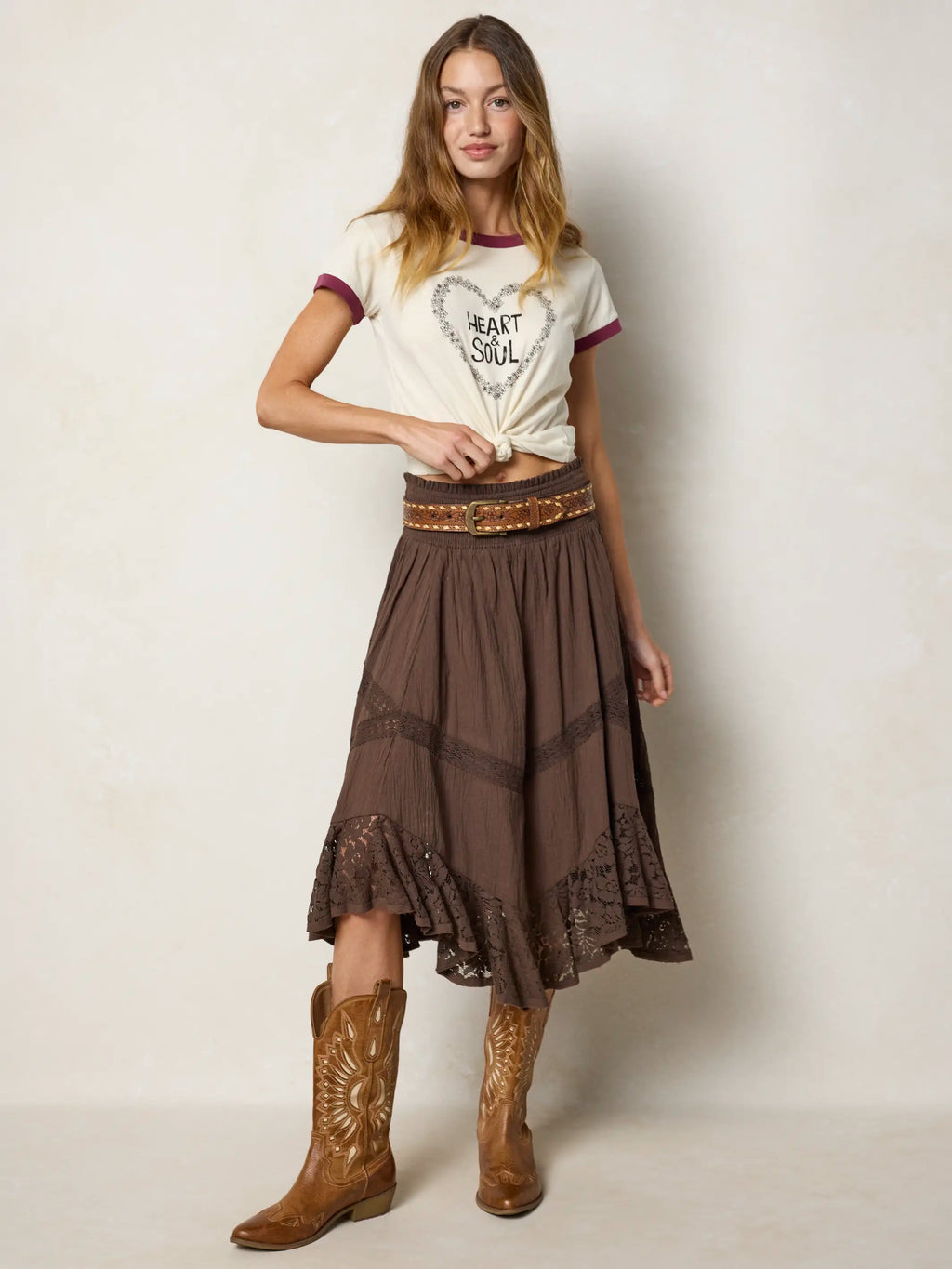 Pretty In Lace Cotton Midi Skirt - Brown