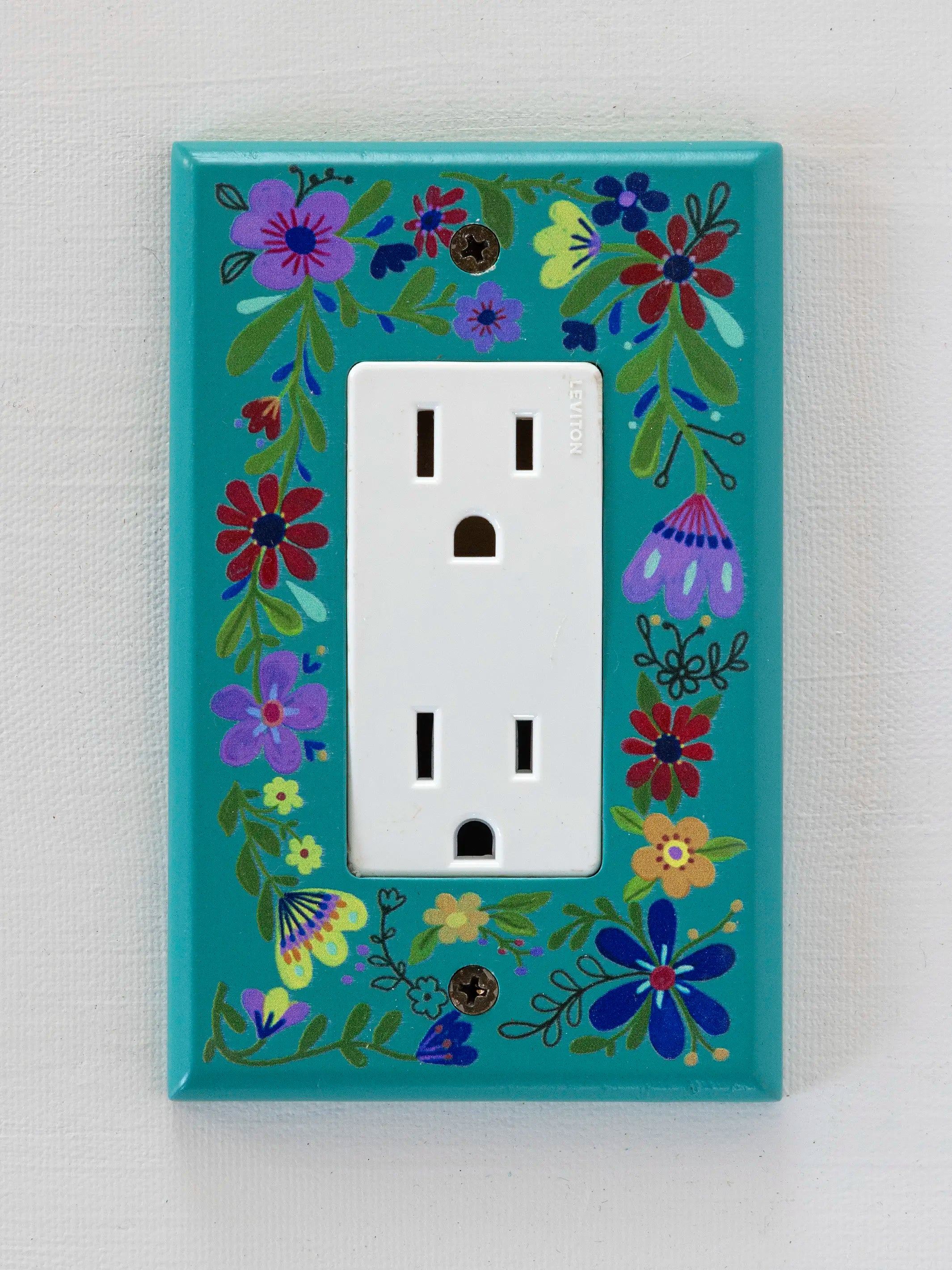 Painted Wooden Switch Cover - Turquoise Folk Flower Rocker
