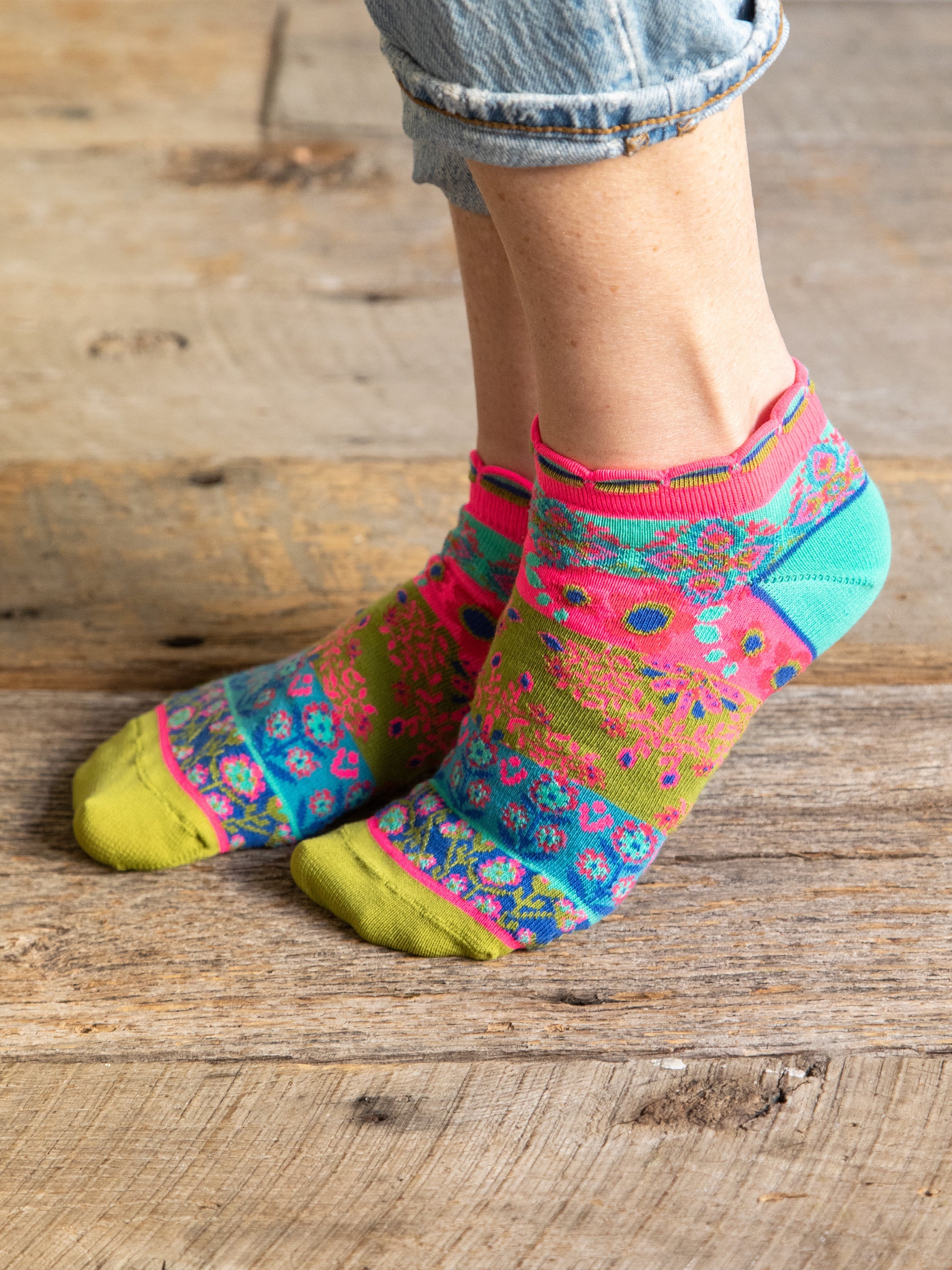 Boho Ankle Socks, Set of 3 - Mustard Floral