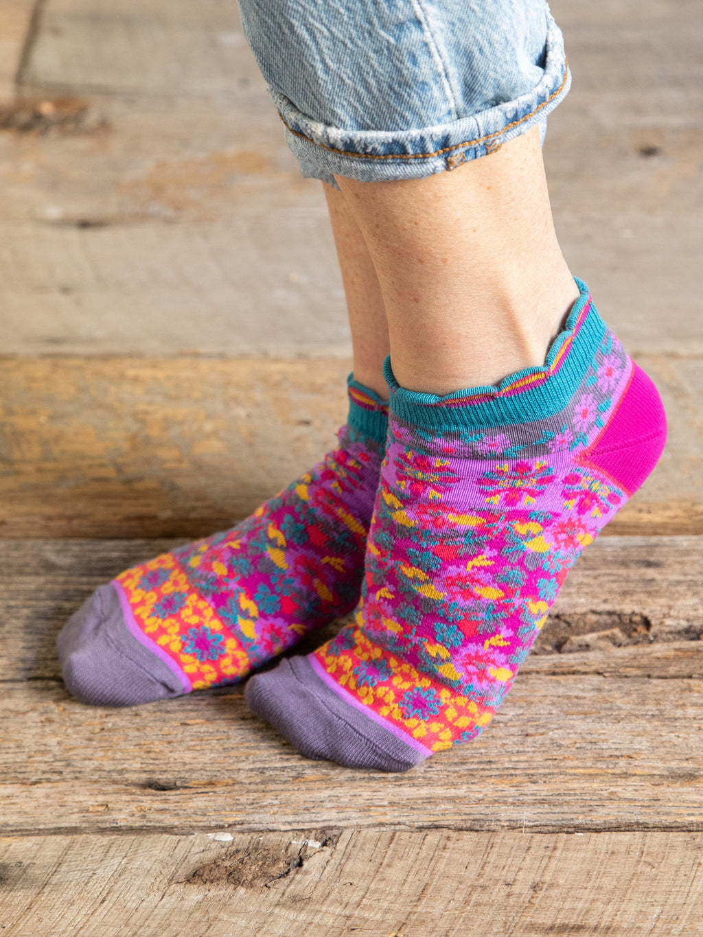 Boho Ankle Socks, Set of 3 - Mustard Floral