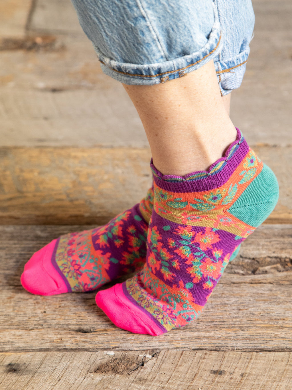 Boho Ankle Socks, Set of 3 - Mustard Floral