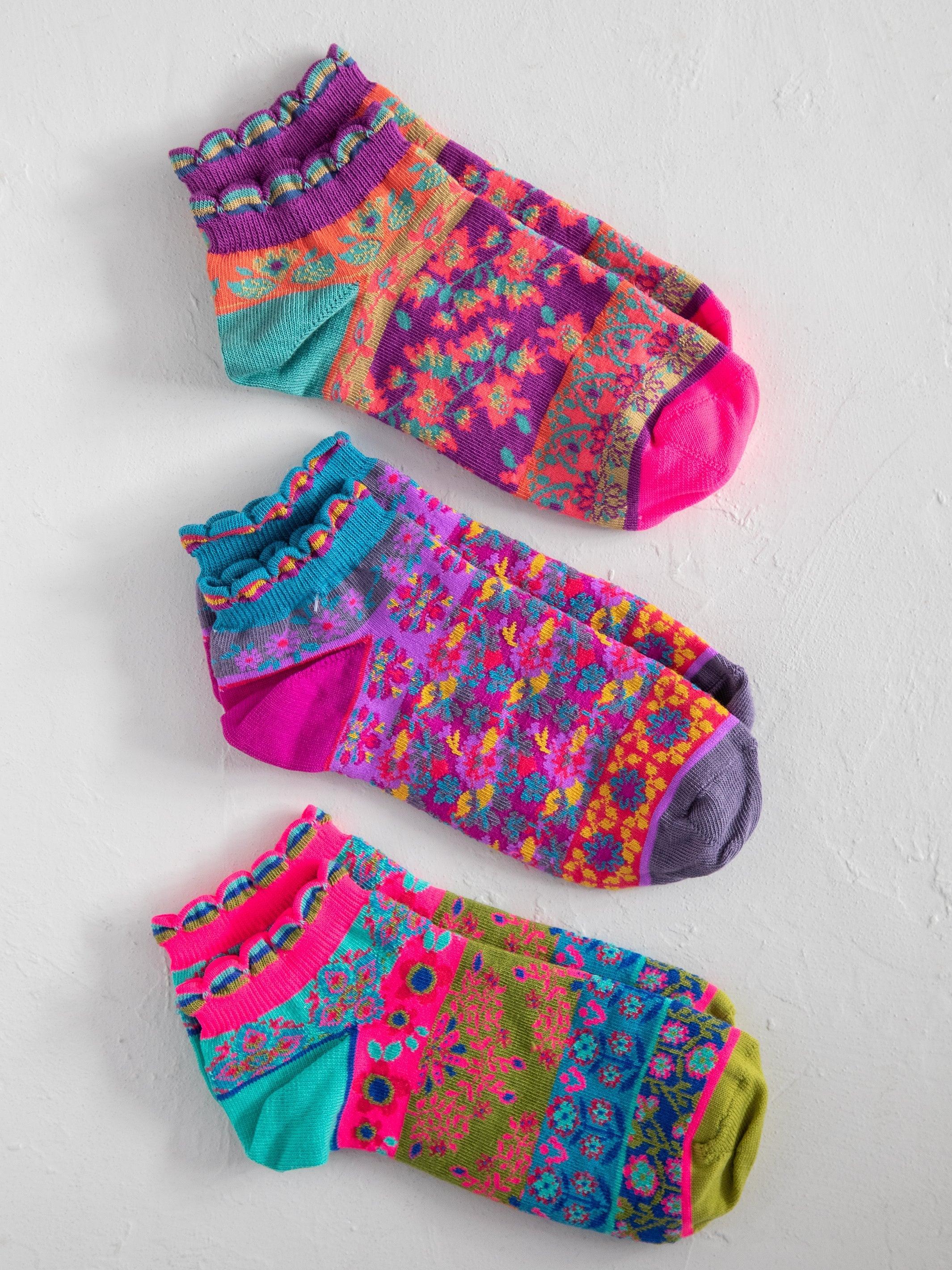 Boho Ankle Socks, Set of 3 - Mustard Floral