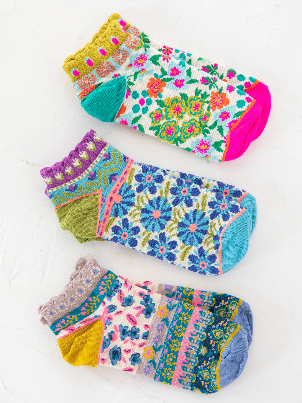 Boho Ankle Socks, Set of 3 - Turquoise Pink