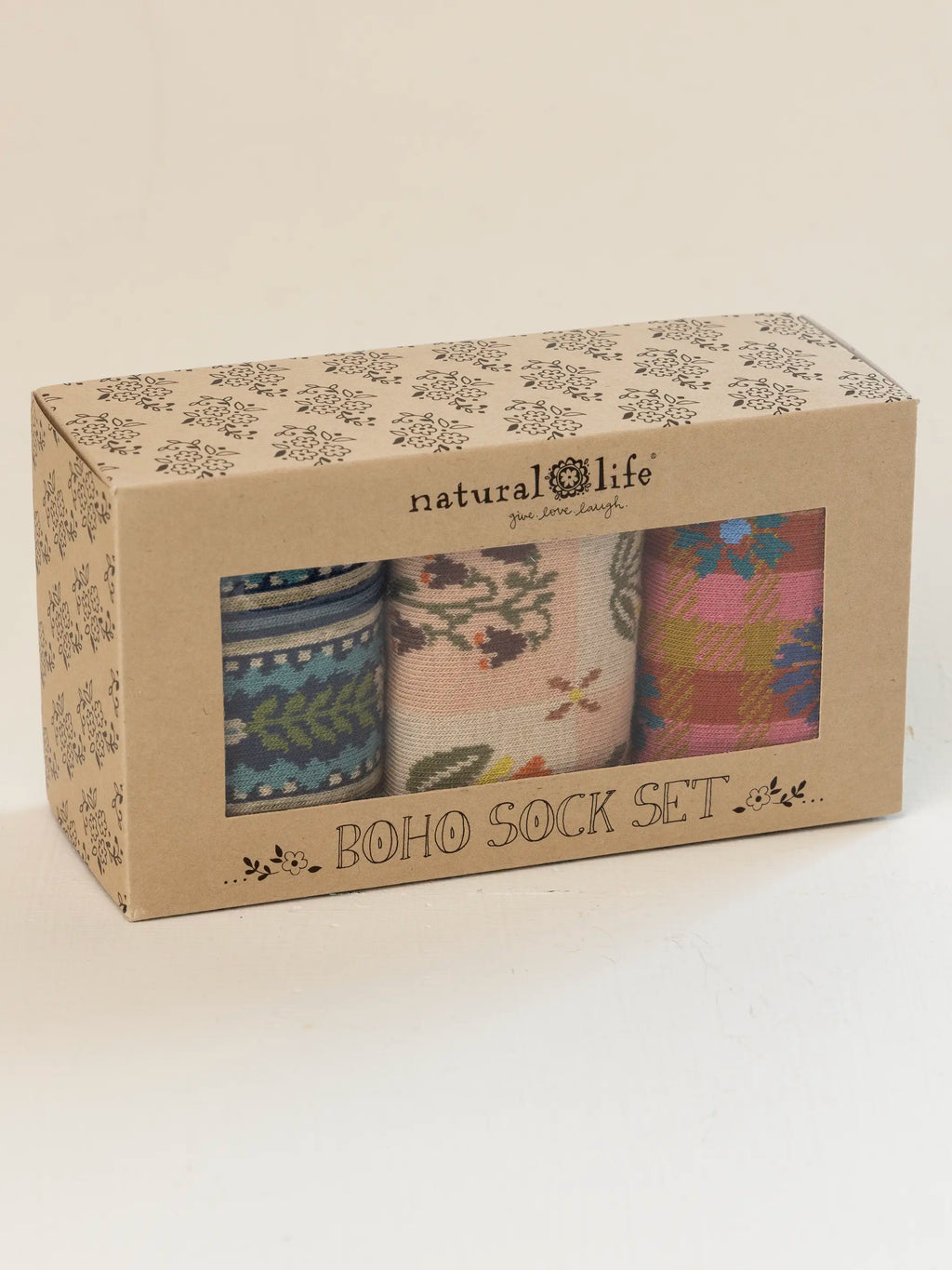 Boxed Boho Sock Set, Set of 3 - Cream Folk Floral