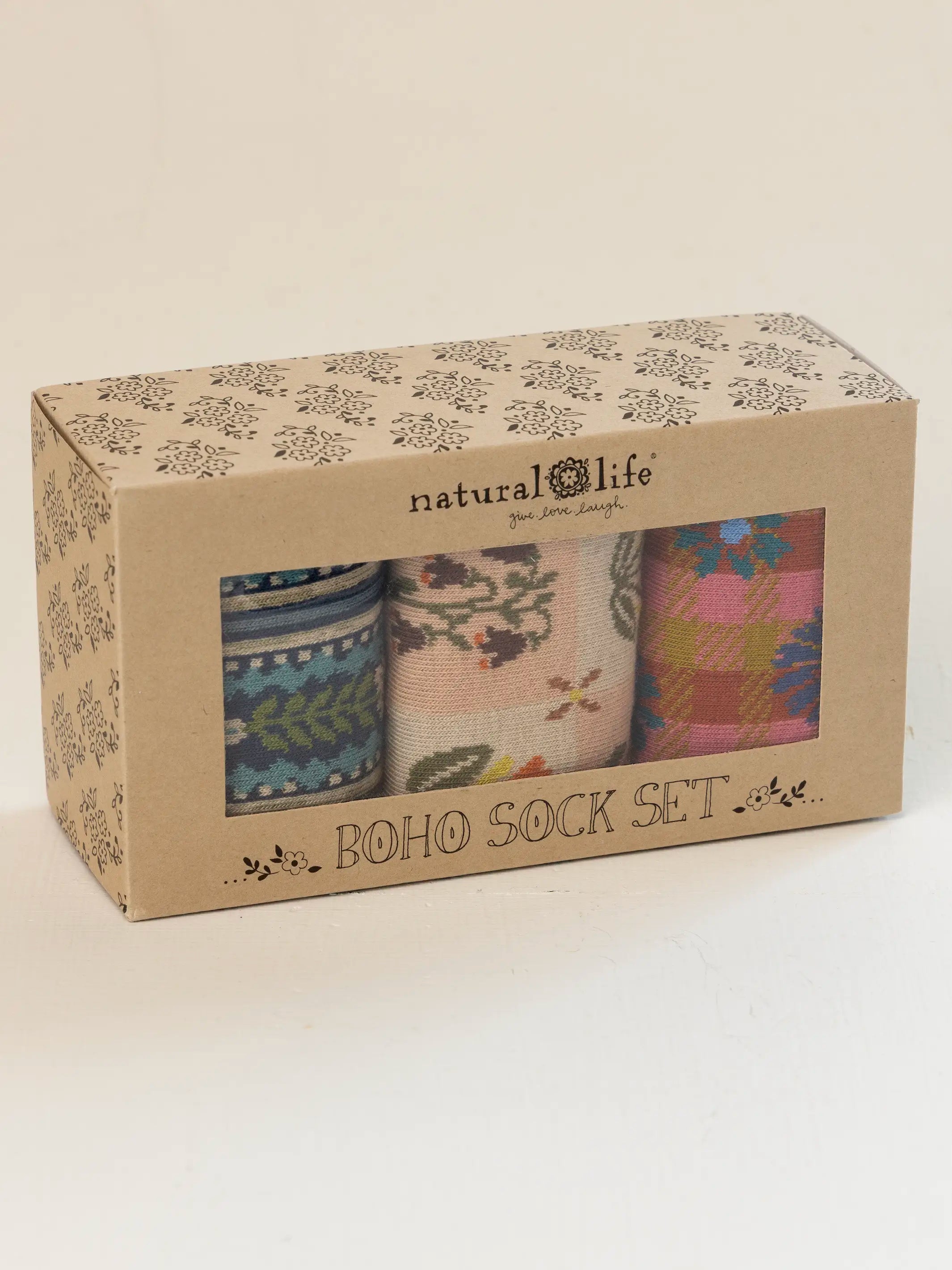 Boxed Boho Sock Set, Set of 3 - Cream Folk Floral