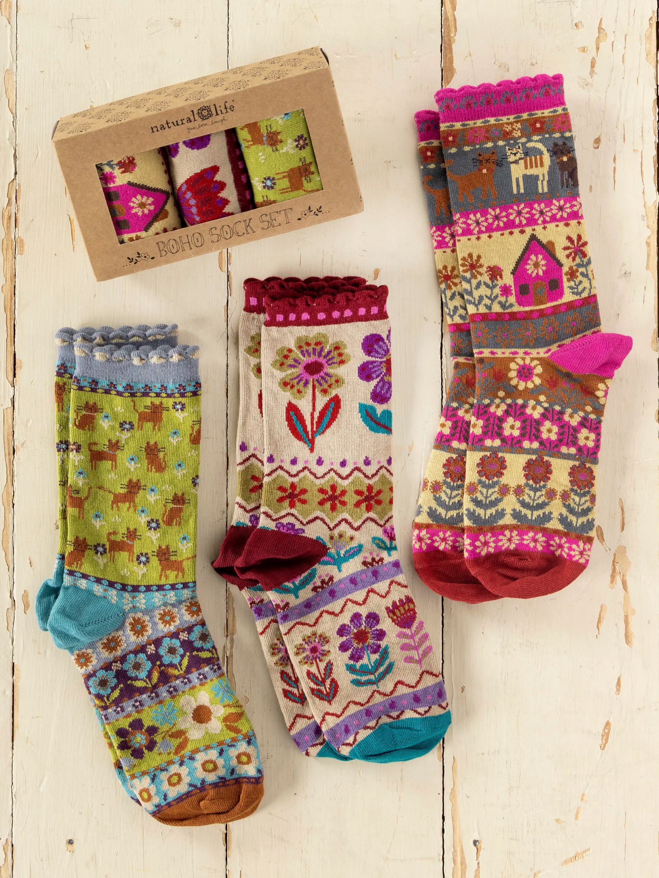Boxed Boho Sock Set, Set of 3 - Blue Cat