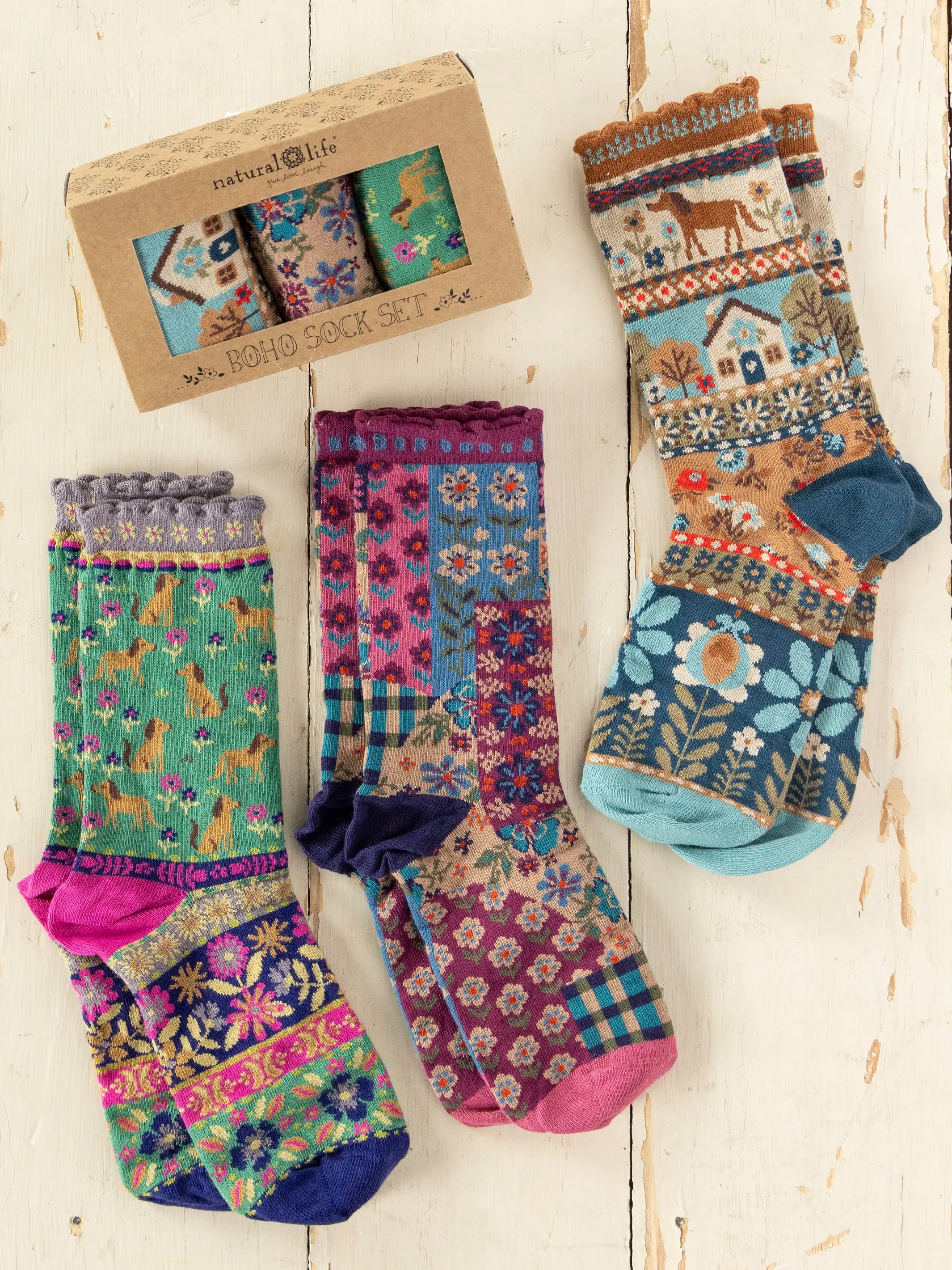 Boxed Boho Sock Set, Set of 3 - Blue Dog