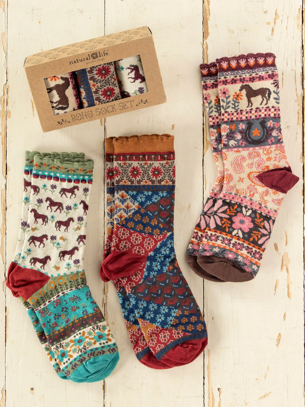 Boxed Boho Sock Set, Set of 3 - Red Horses