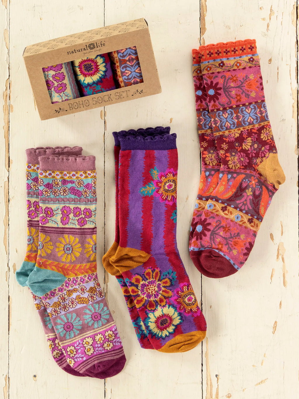 Boxed Boho Sock Set, Set of 3 - Striped Floral