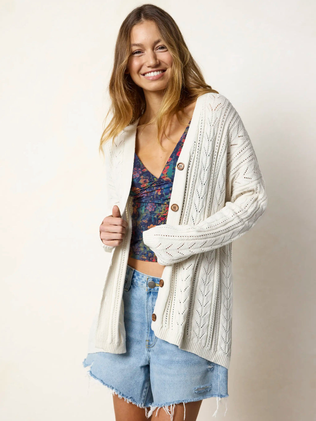 Pointelle Grandpa Cardigan - Cream