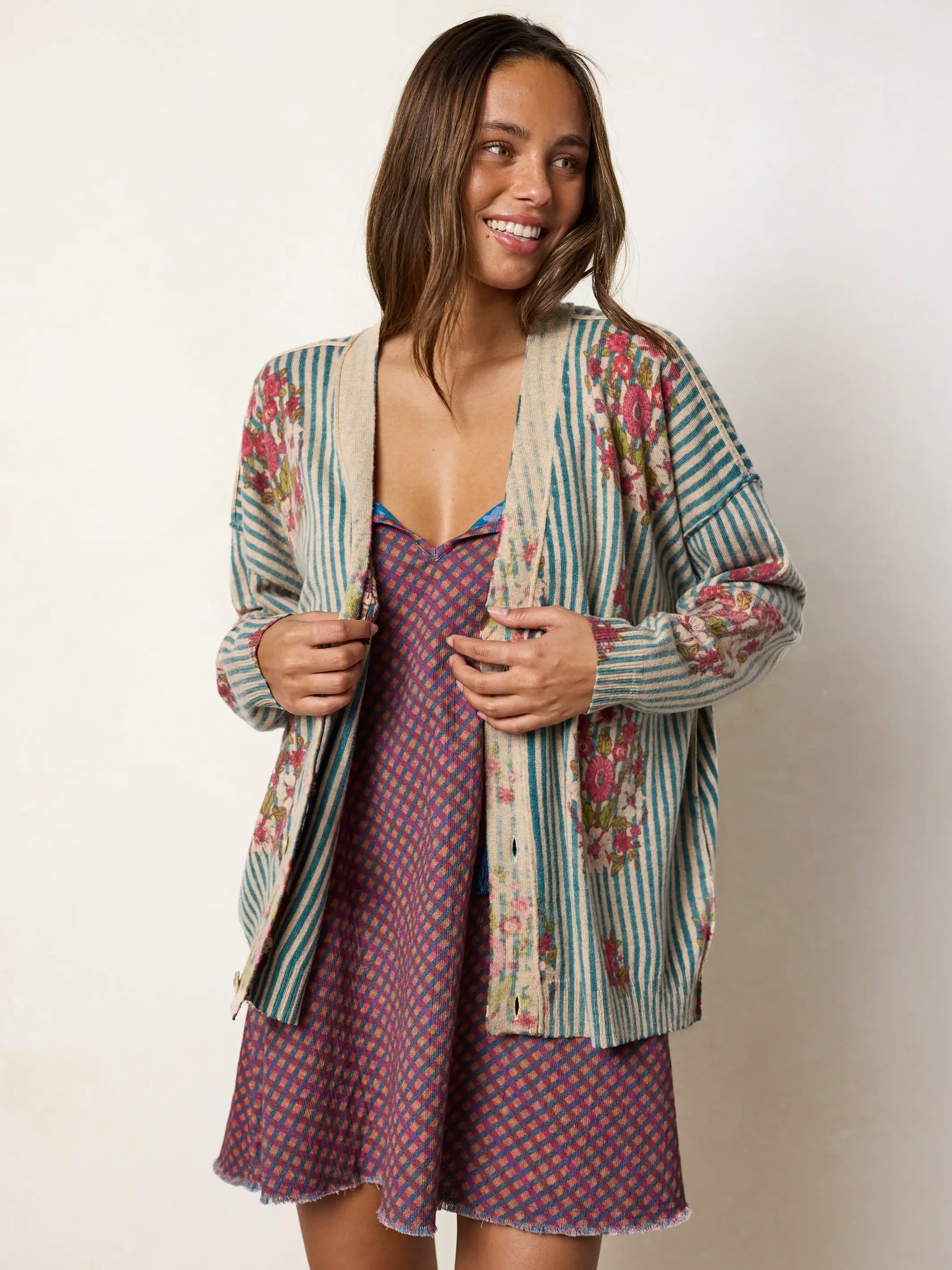 Live Happy Cardigan Sweater - Jaipur Stripe Washed Teal