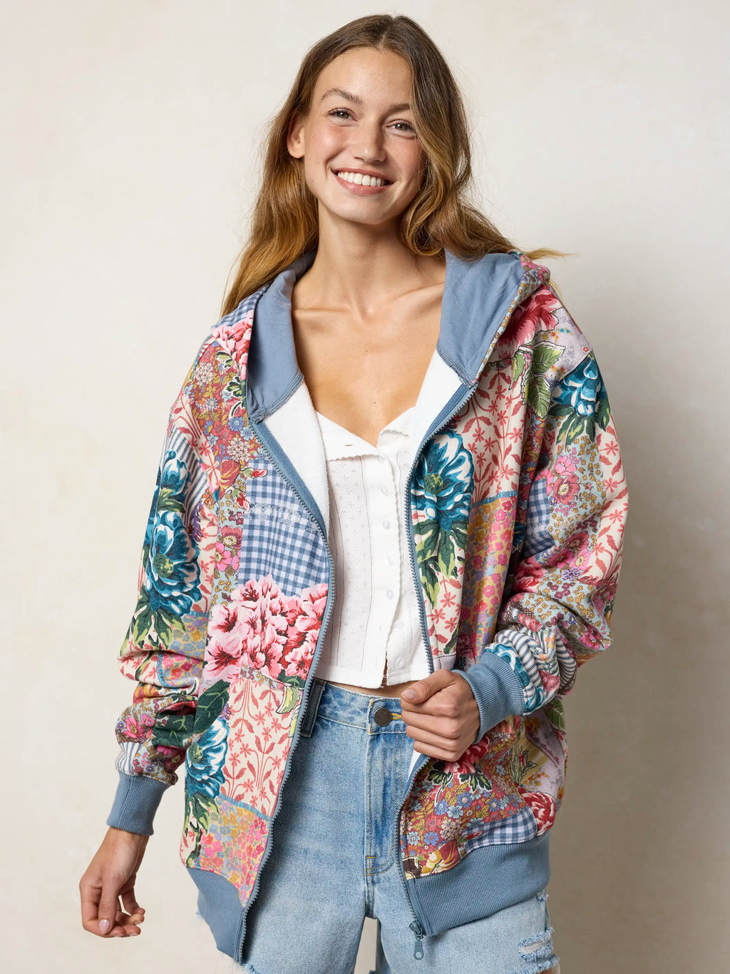 Oversized Printed Zip-Up Hoodie - Vintage Treasure Pink