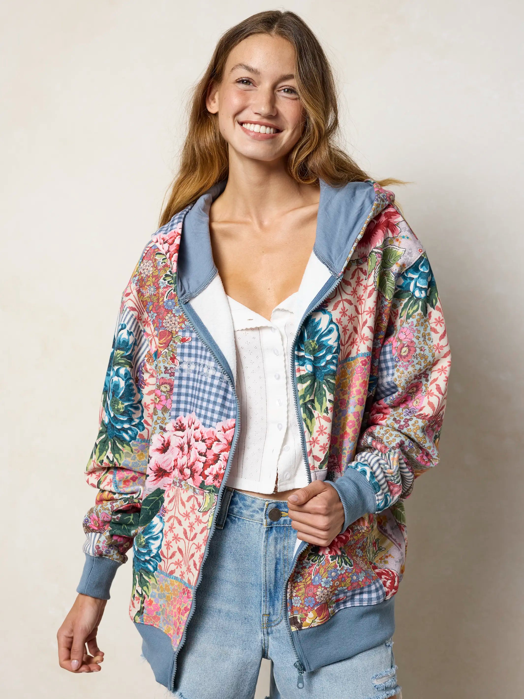 Oversized Printed Zip-Up Hoodie - Vintage Treasure Pink