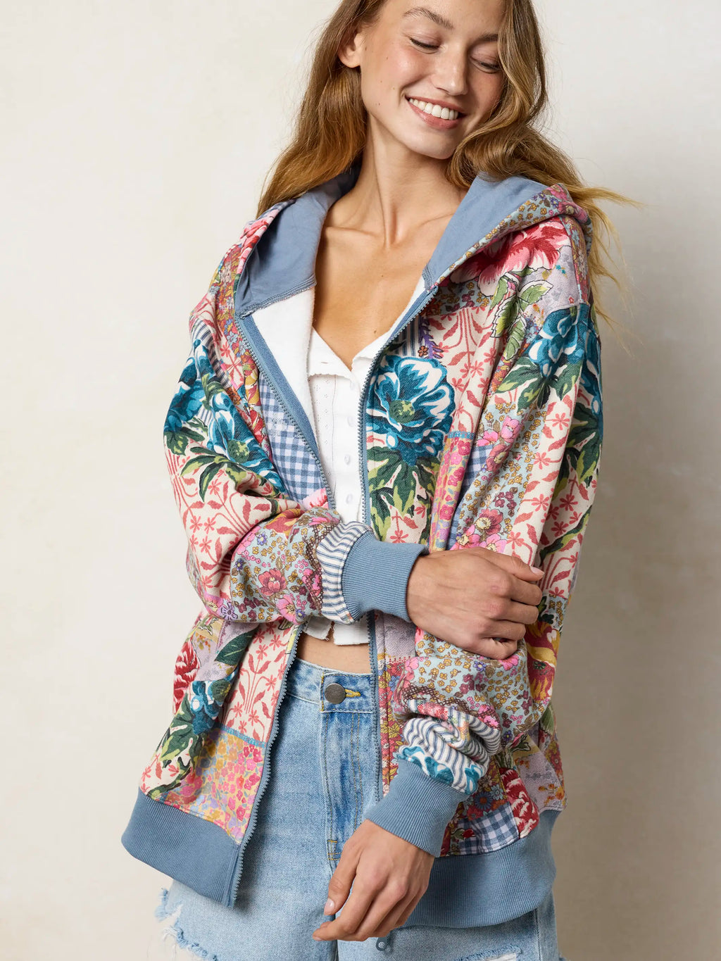 Oversized Printed Zip-Up Hoodie - Vintage Treasure Pink