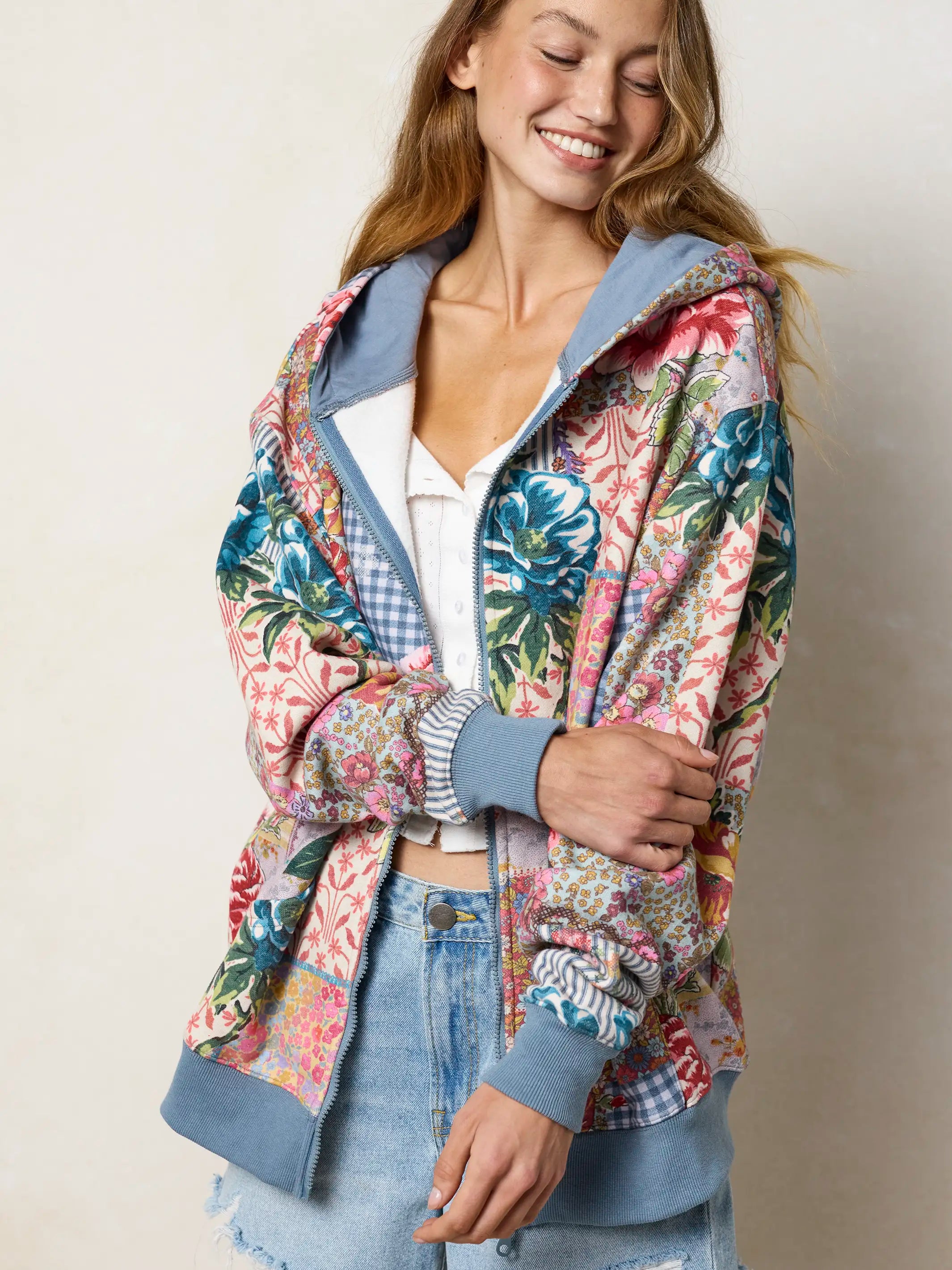 Oversized Printed Zip-Up Hoodie - Vintage Treasure Pink