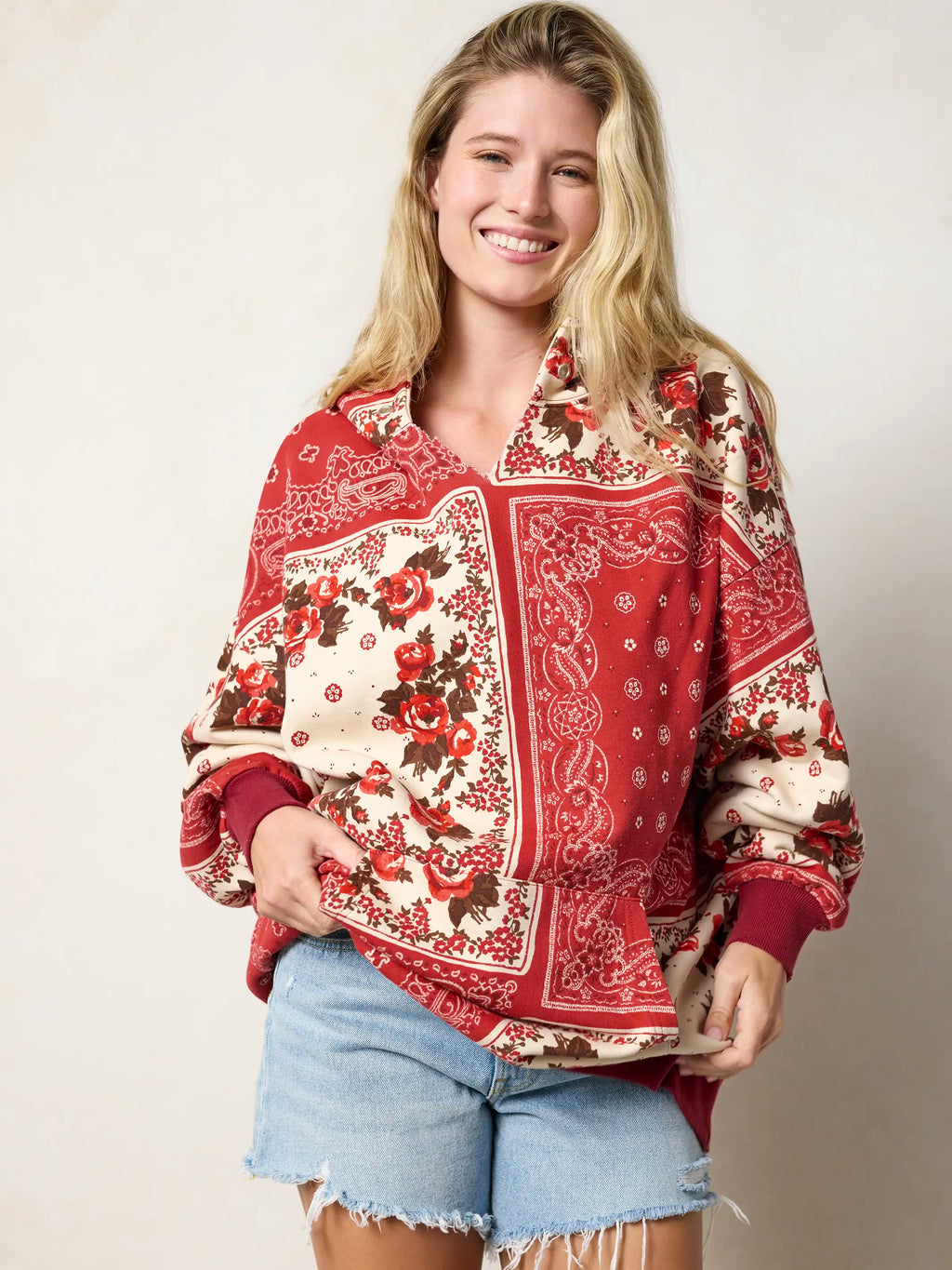 Oversized Printed Hoodie - Western Handkerchief Brick