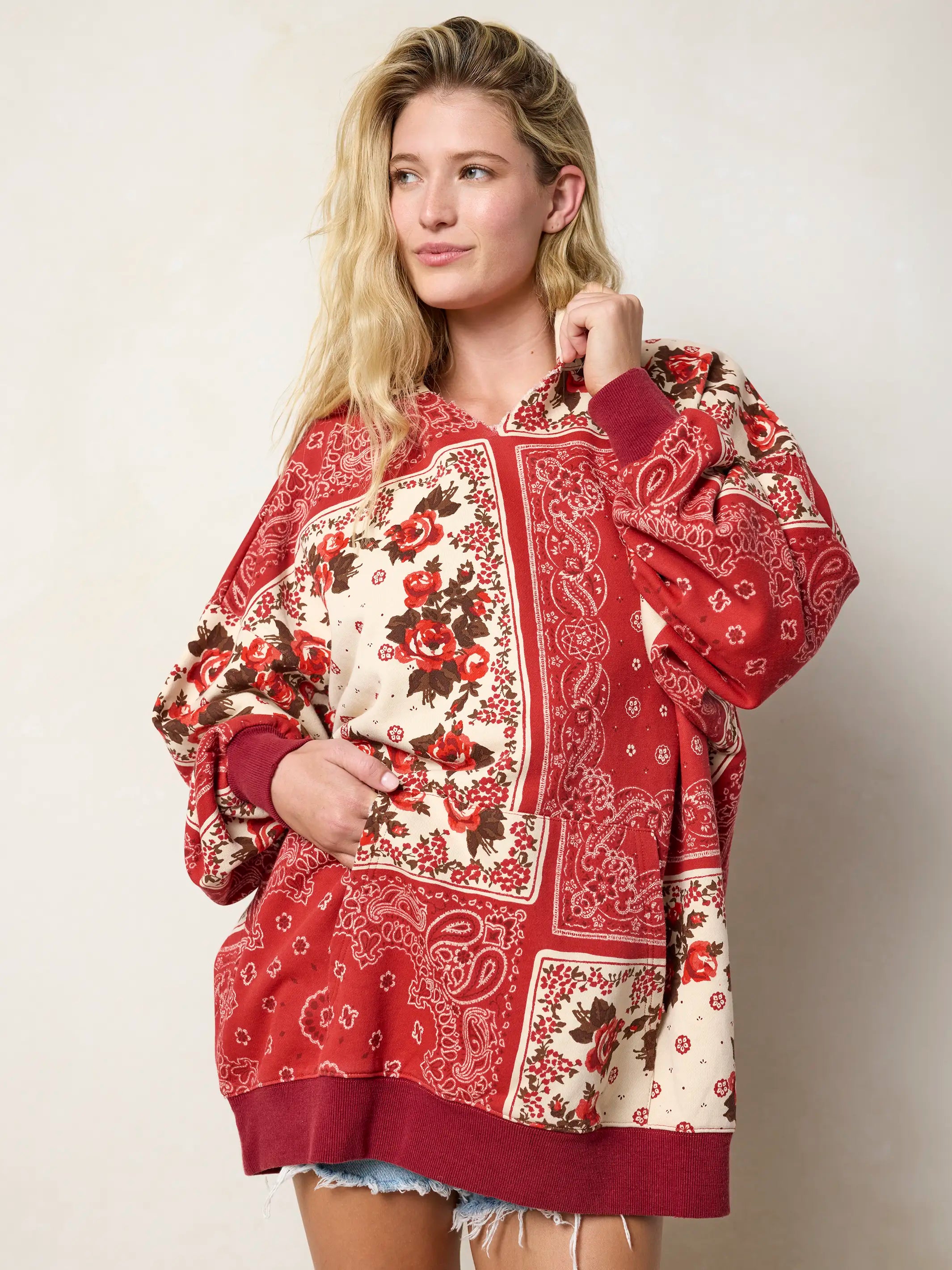 Oversized Printed Hoodie - Western Handkerchief Brick