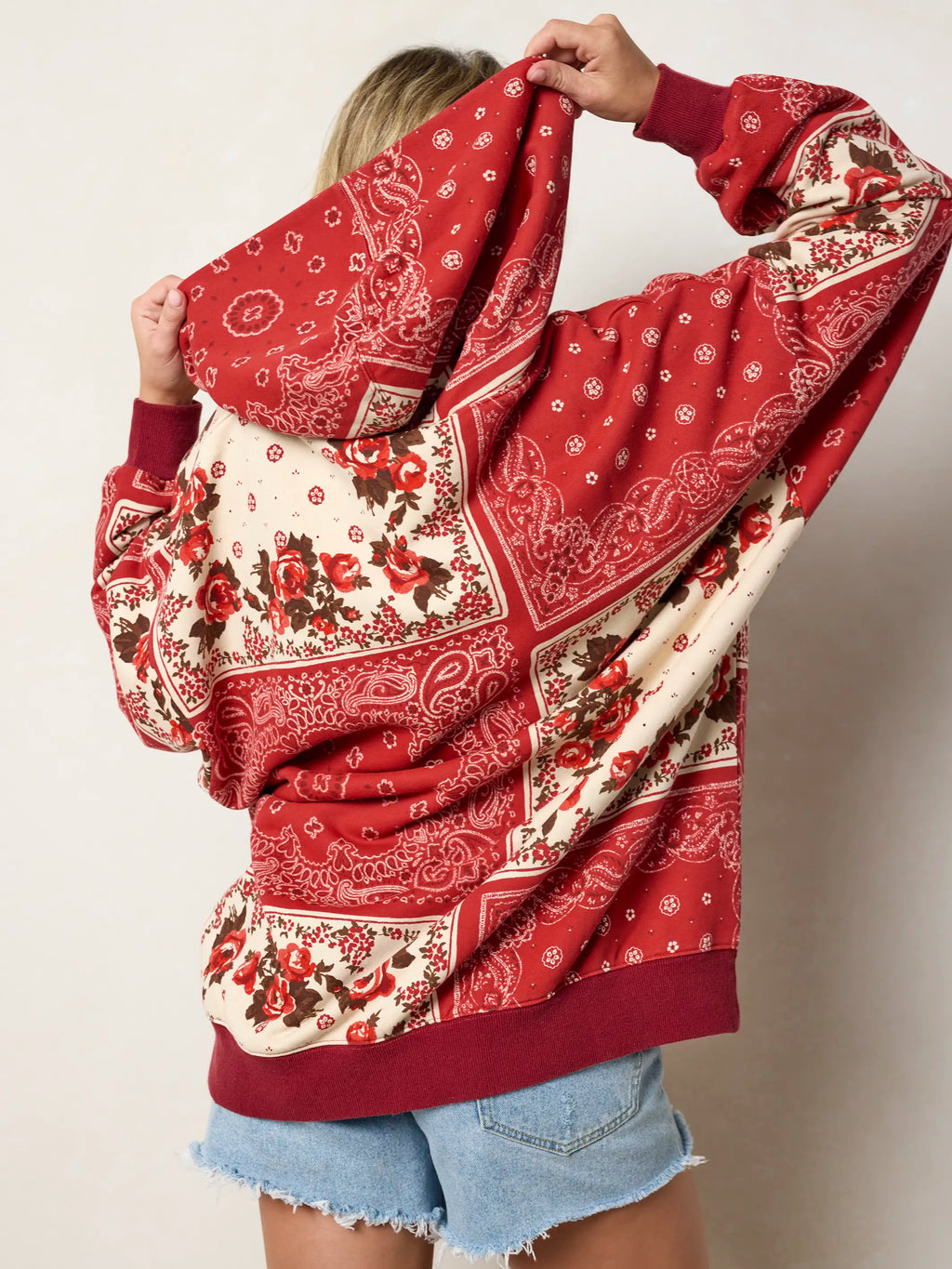 Oversized Printed Hoodie - Western Handkerchief Brick