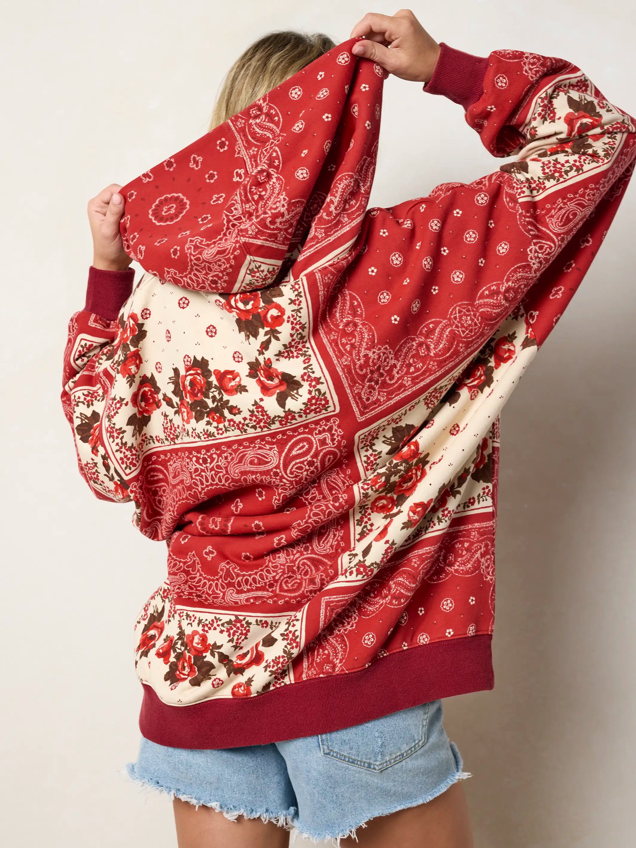 Oversized Printed Hoodie - Western Handkerchief Brick
