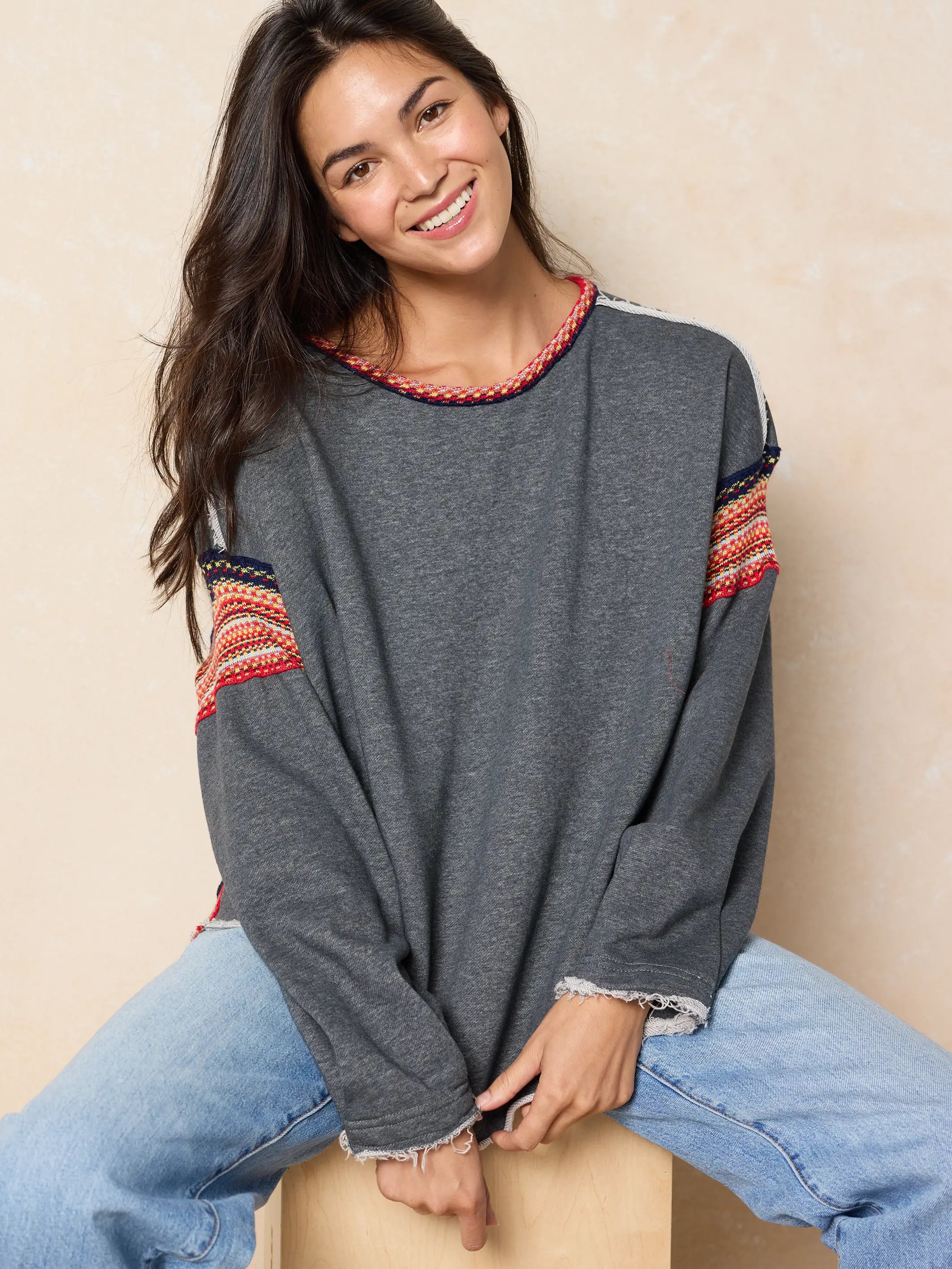 Knit Trim Sweatshirt - Charcoal