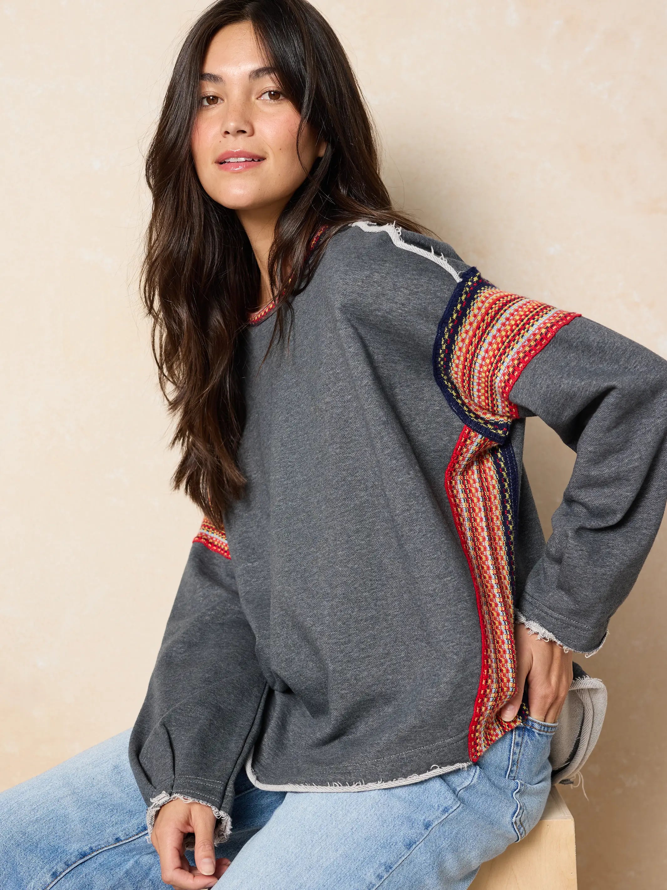Knit Trim Sweatshirt - Charcoal