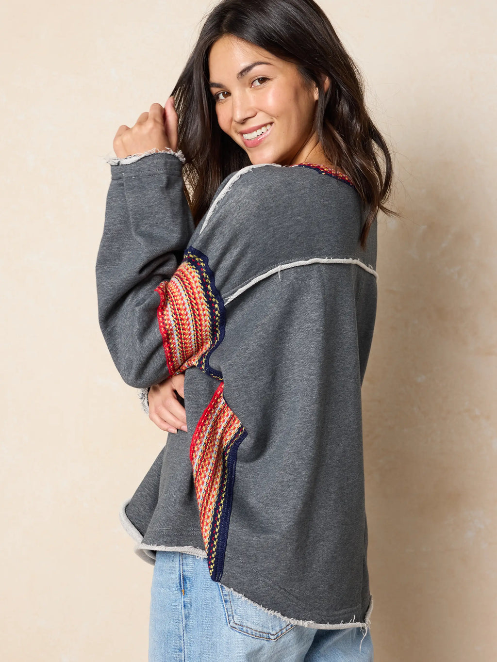 Knit Trim Sweatshirt - Charcoal