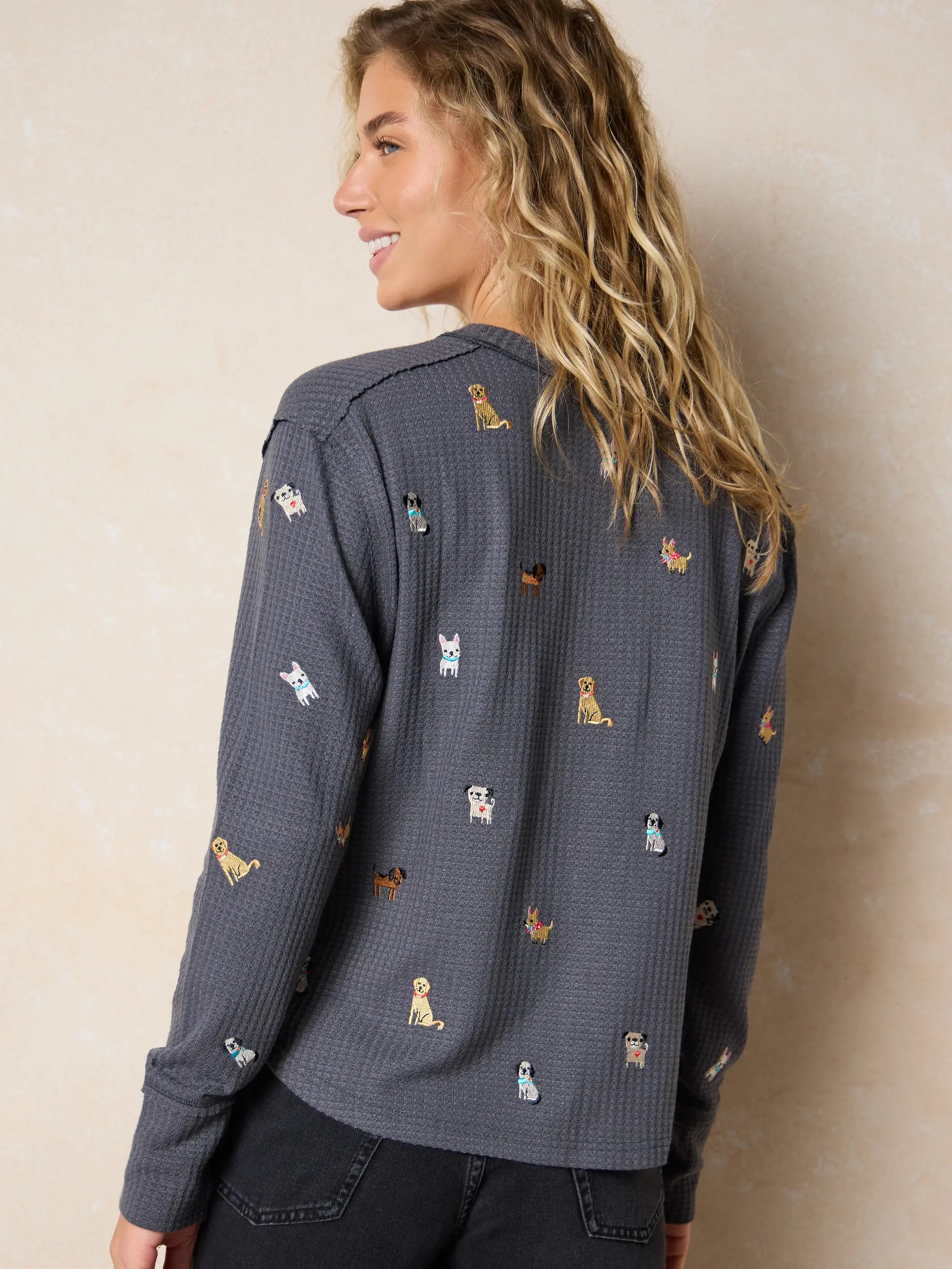 Parker Embroidered Thermal Tee - Charcoal Dogs