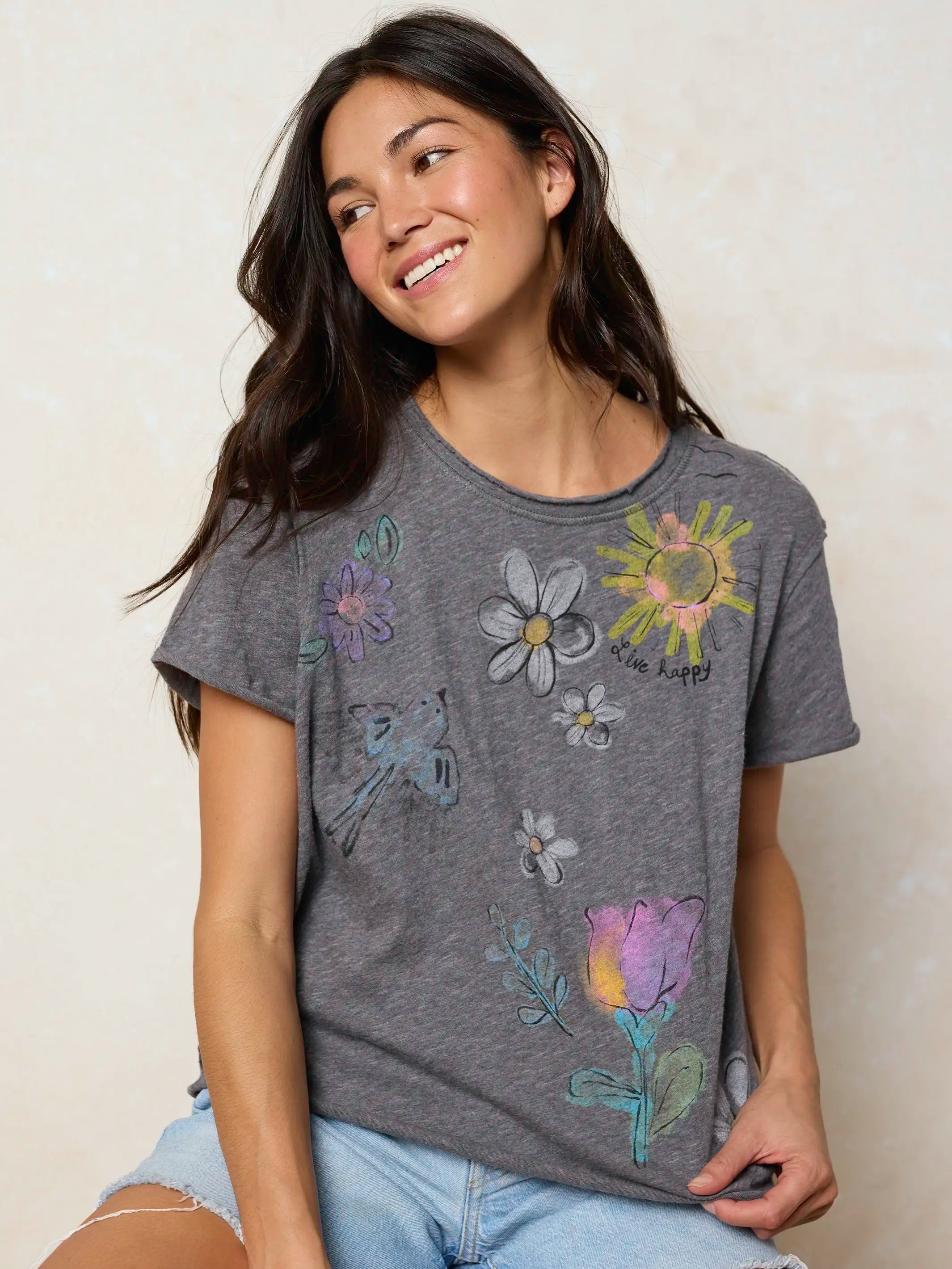 Aiden Cotton Tee -  Charcoal Live Happy