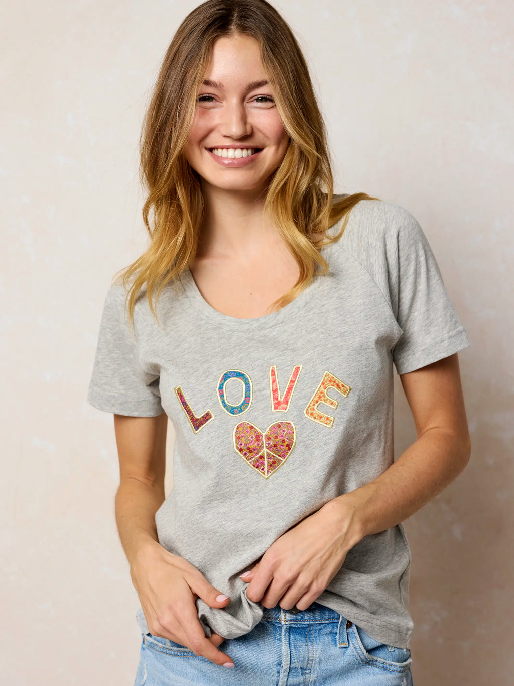 Boho Cotton Applique Tee - Heather Grey Love