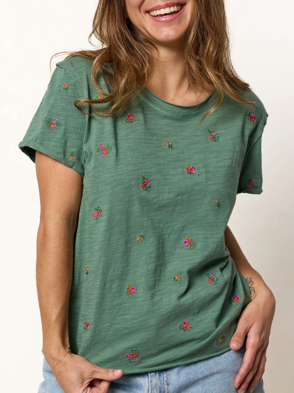 Aiden Embroidered Cotton Tee - Olive Flowers