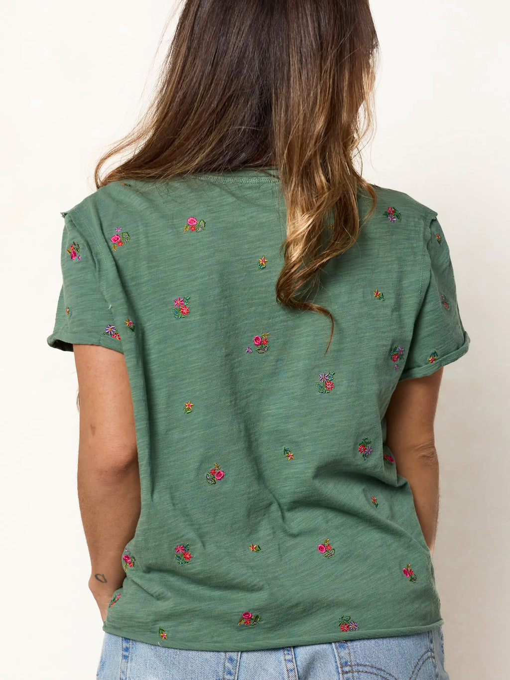 Aiden Embroidered Cotton Tee - Olive Flowers