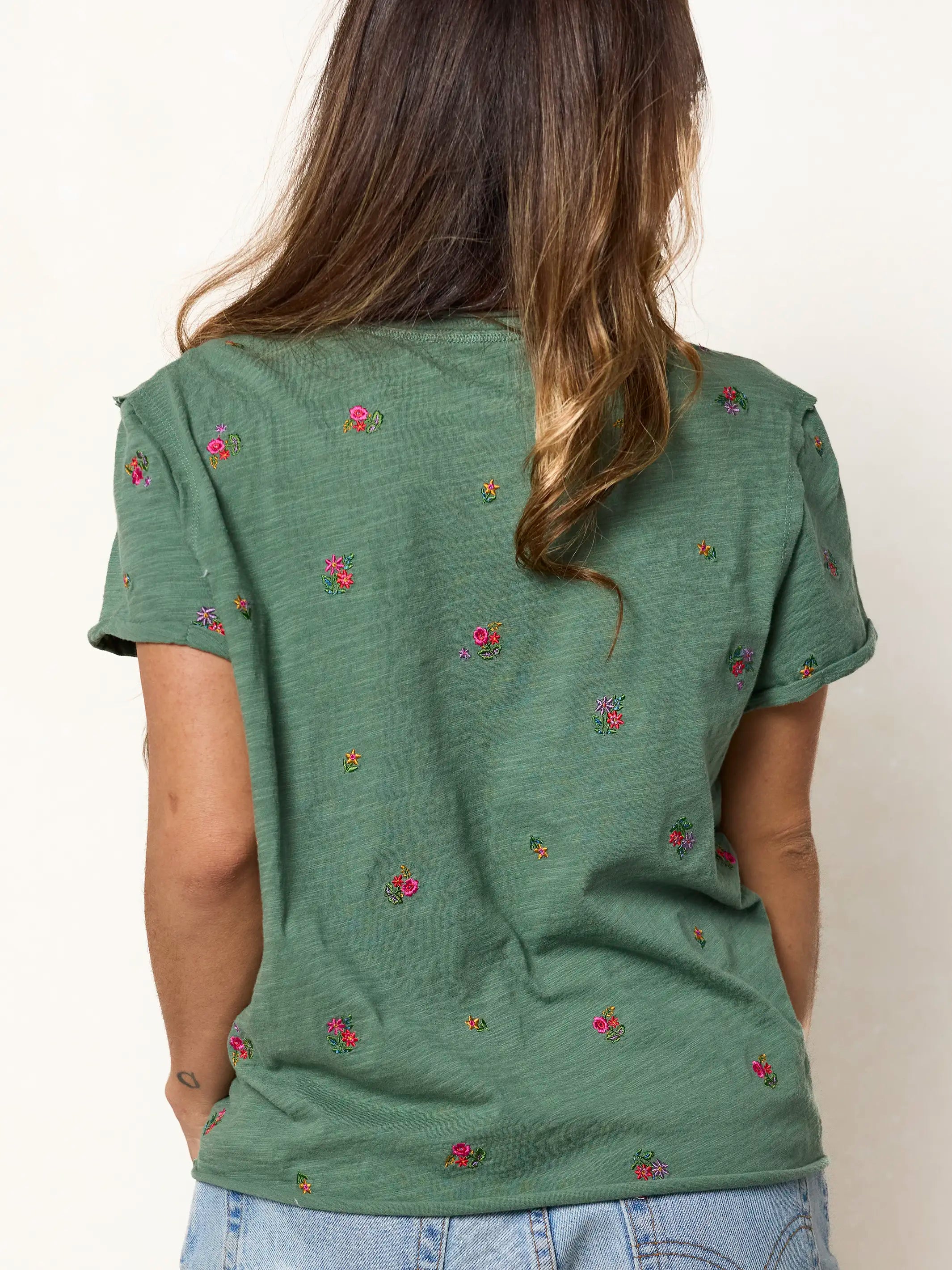 Aiden Embroidered Cotton Tee - Olive Flowers