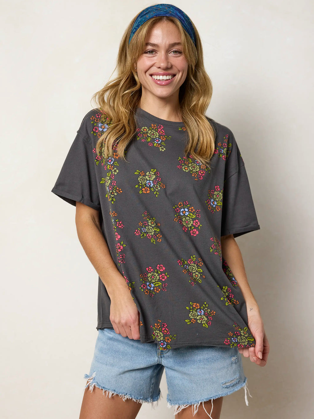 Take It In Cotton Tee - Charcoal Folk Flower