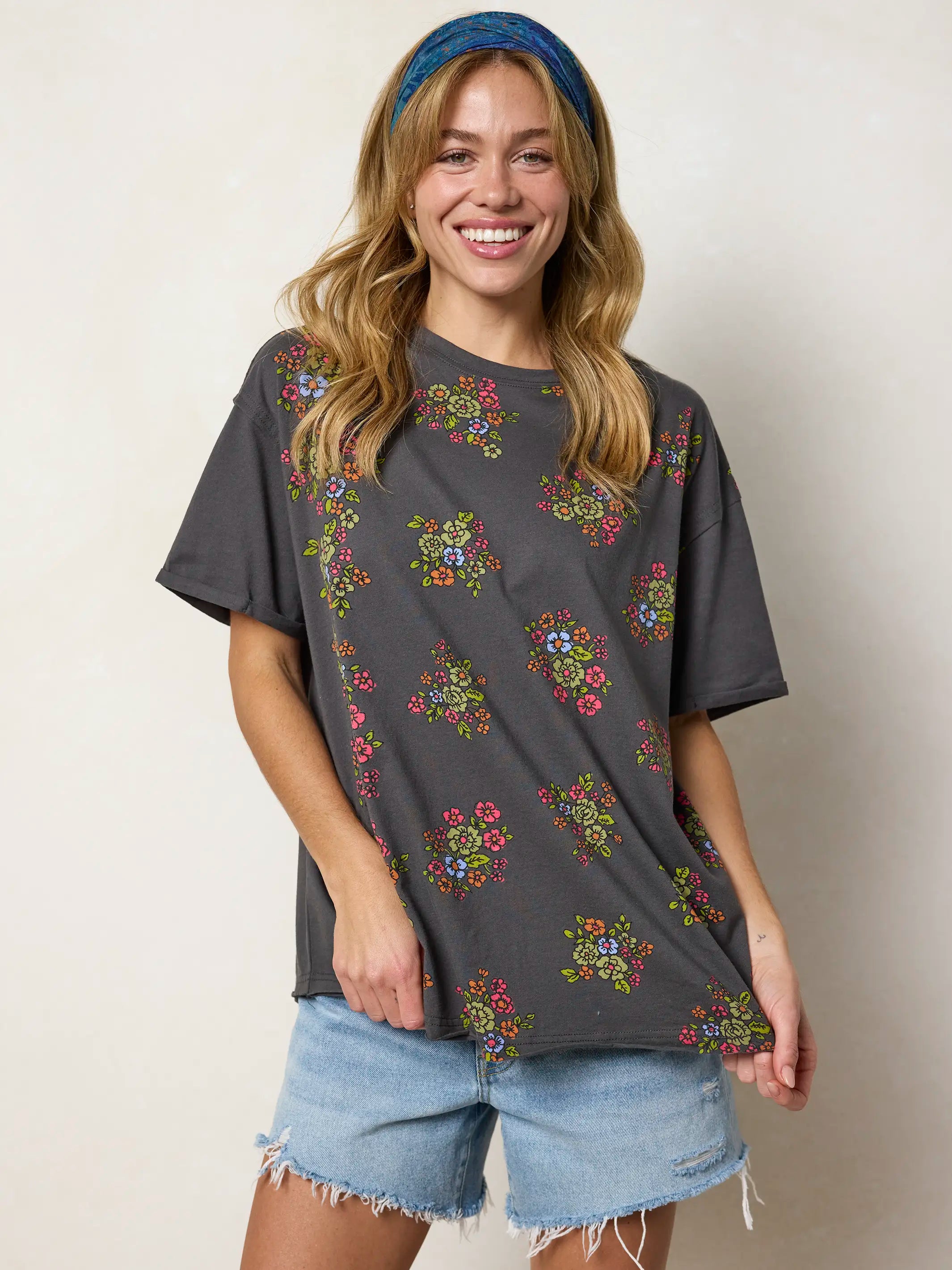 Take It In Cotton Tee - Charcoal Folk Flower