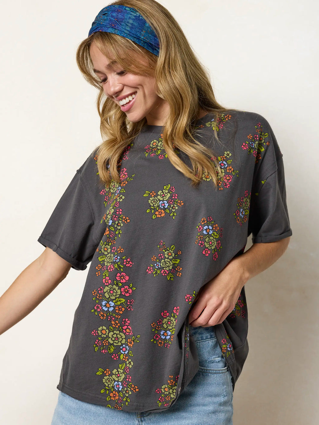 Take It In Cotton Tee - Charcoal Folk Flower