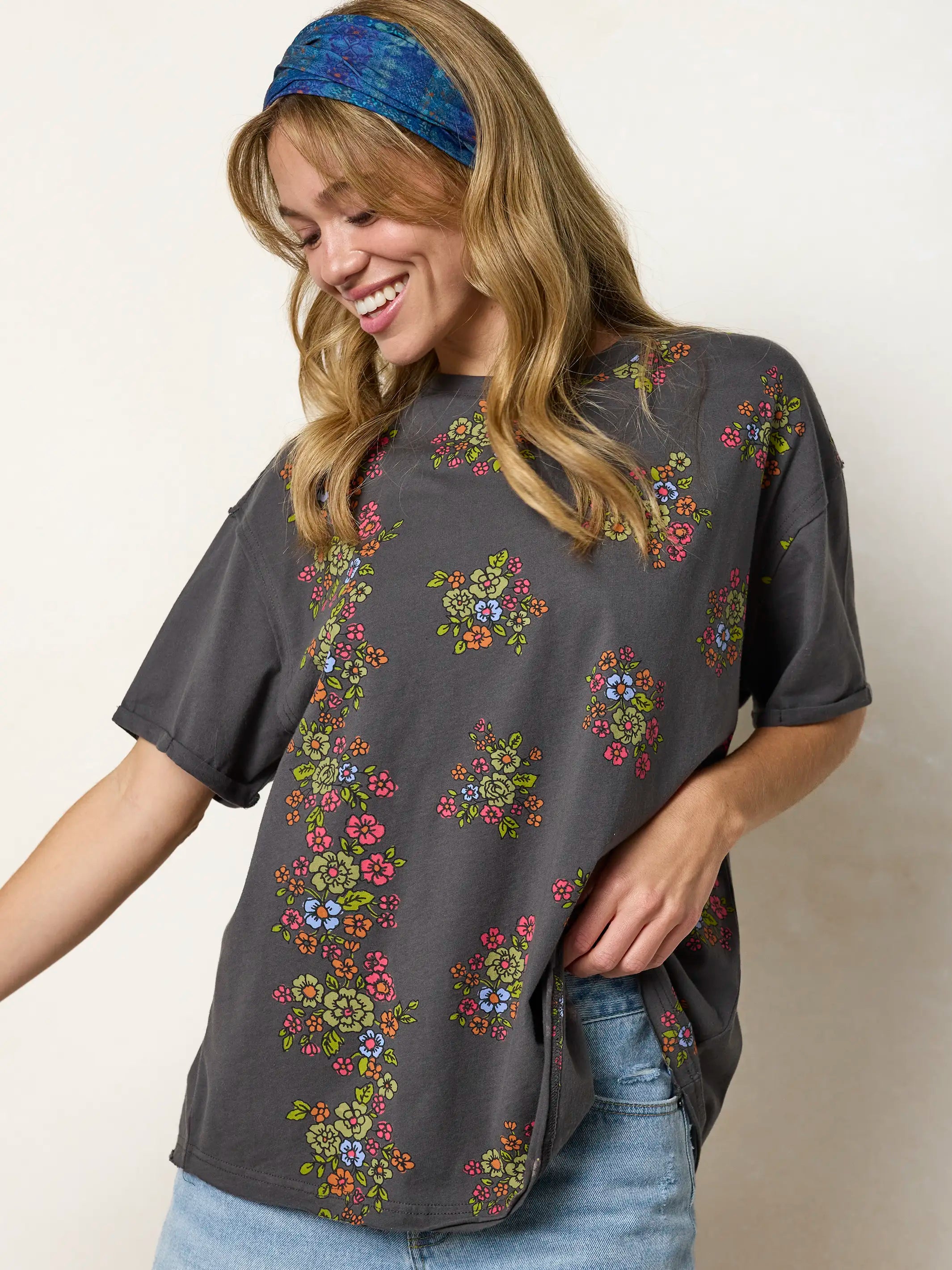 Take It In Cotton Tee - Charcoal Folk Flower