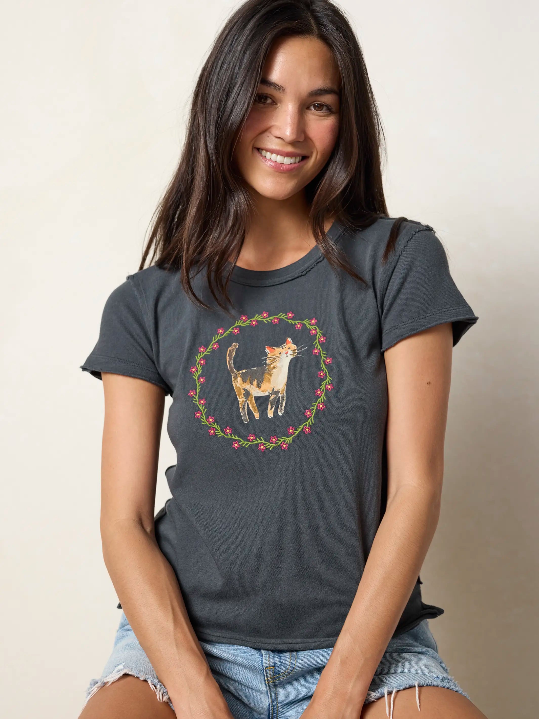 Printed Embroidered Cotton Baby Tee - Cat