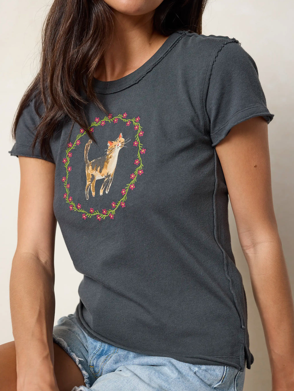 Printed Embroidered Cotton Baby Tee - Cat