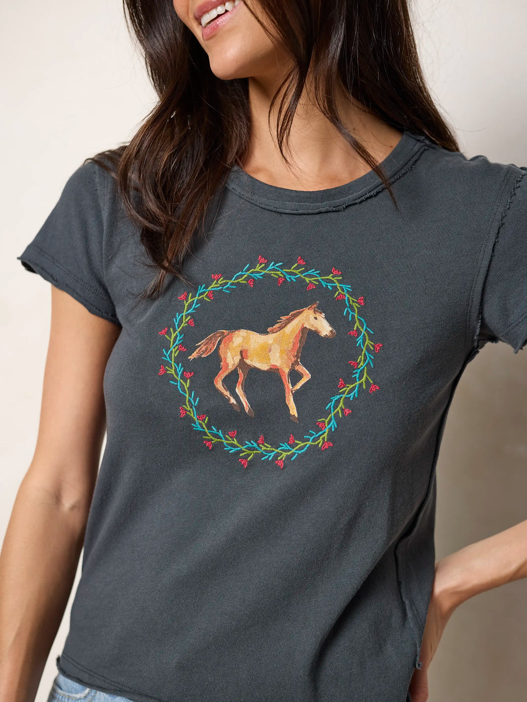 Printed Embroidered Cotton Baby Tee - Horse