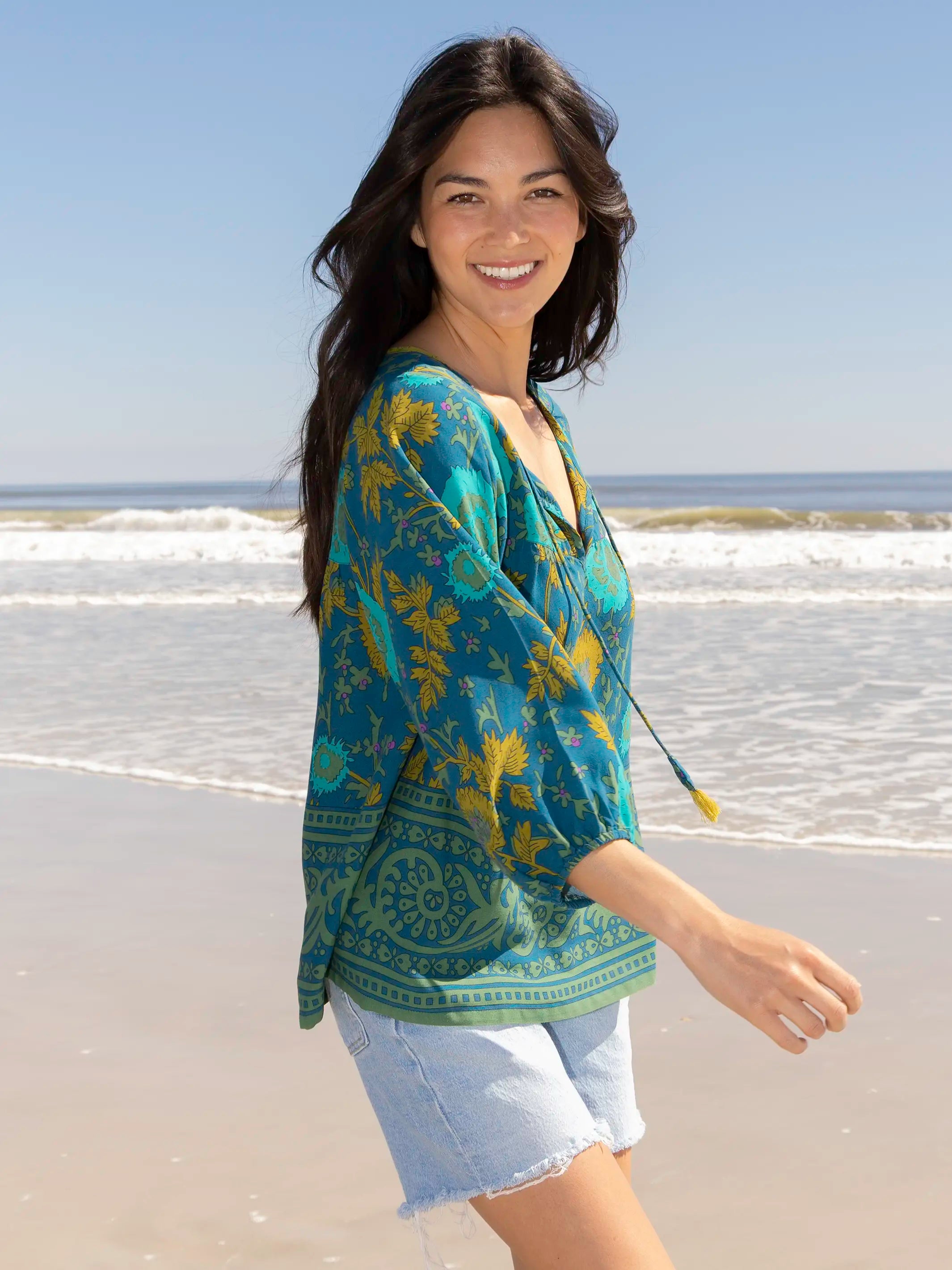 Maribel Top - Teal Sage Border