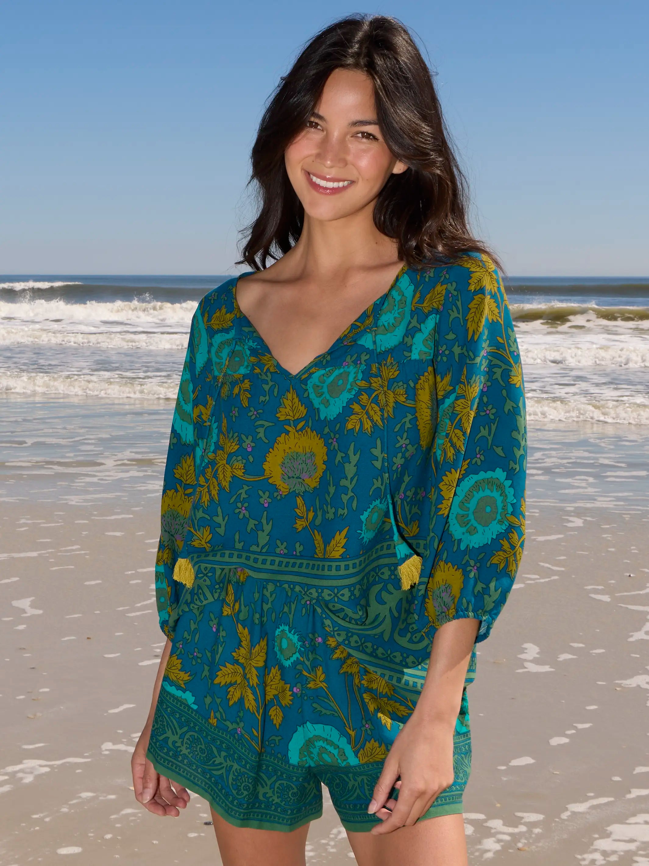 Maribel Top - Teal Sage Border