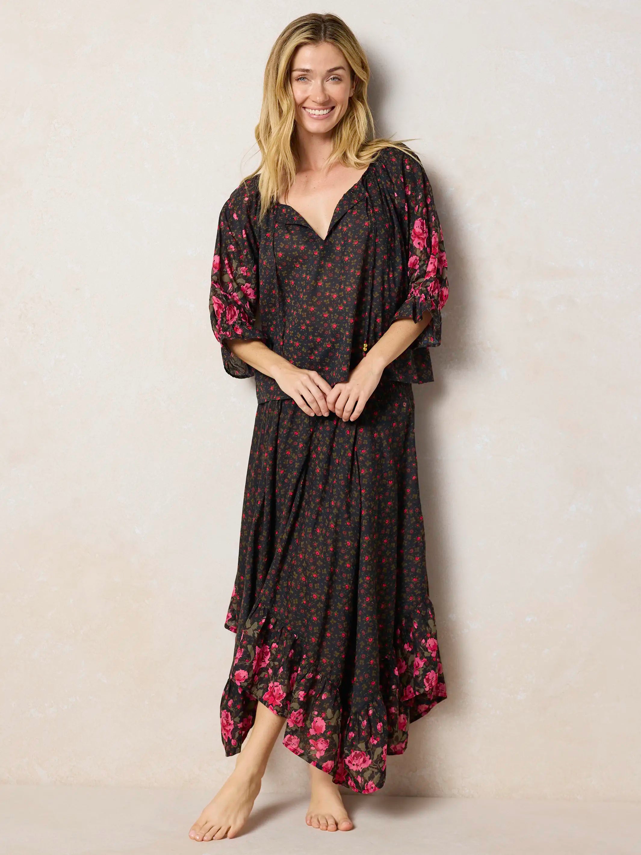 Magnolia Cotton Top - Black Fuchsia Floral