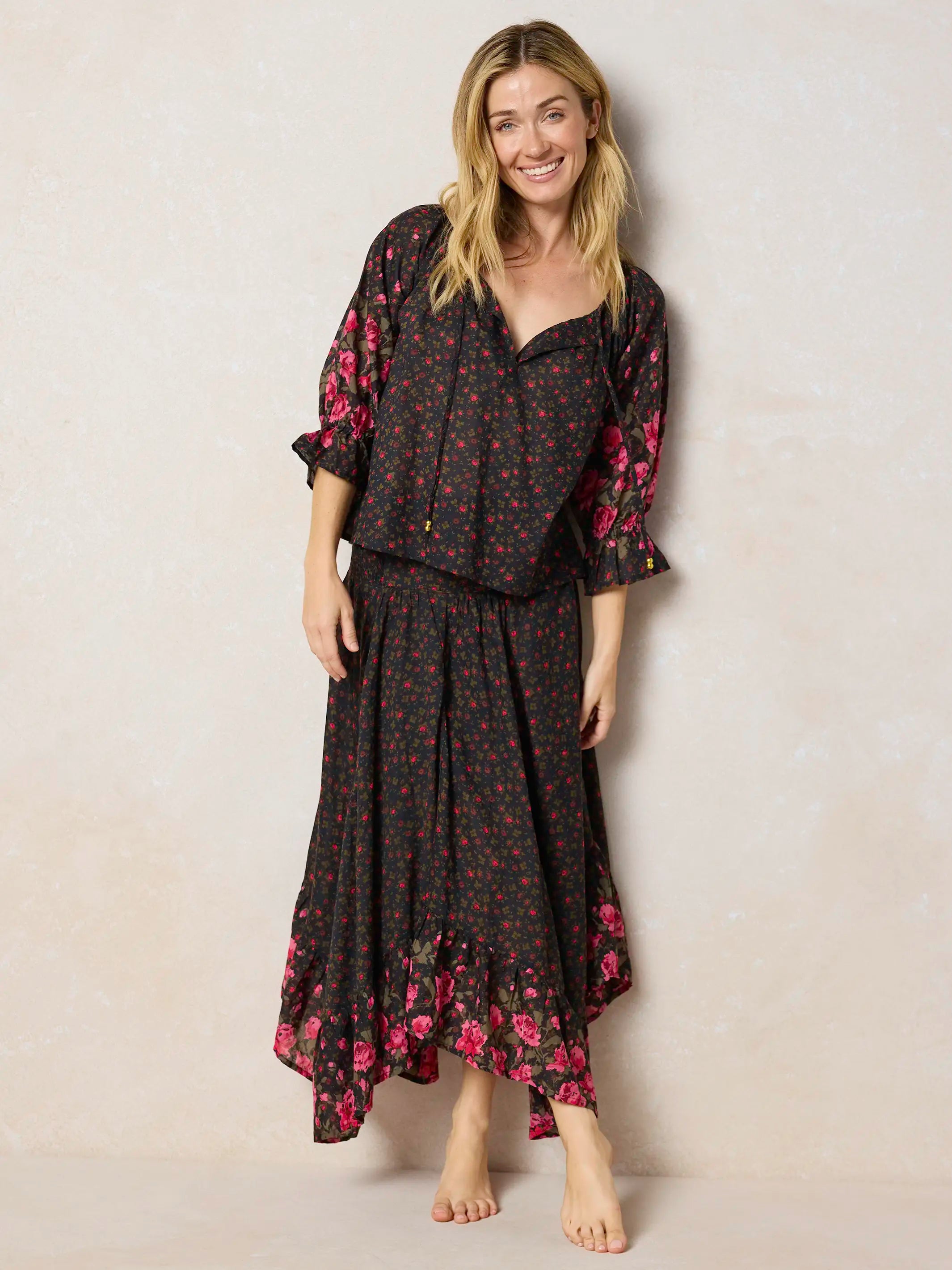 Feelin' Alive Convertible Cotton Midi Skirt - Black Fuchsia Floral