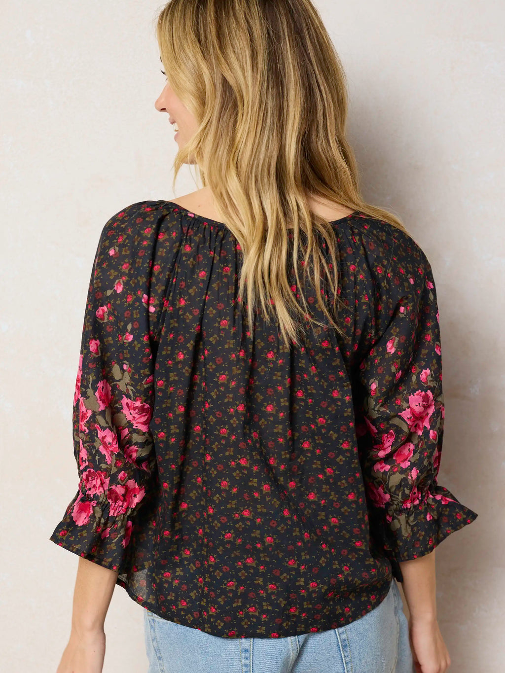 Magnolia Cotton Top - Black Fuchsia Floral